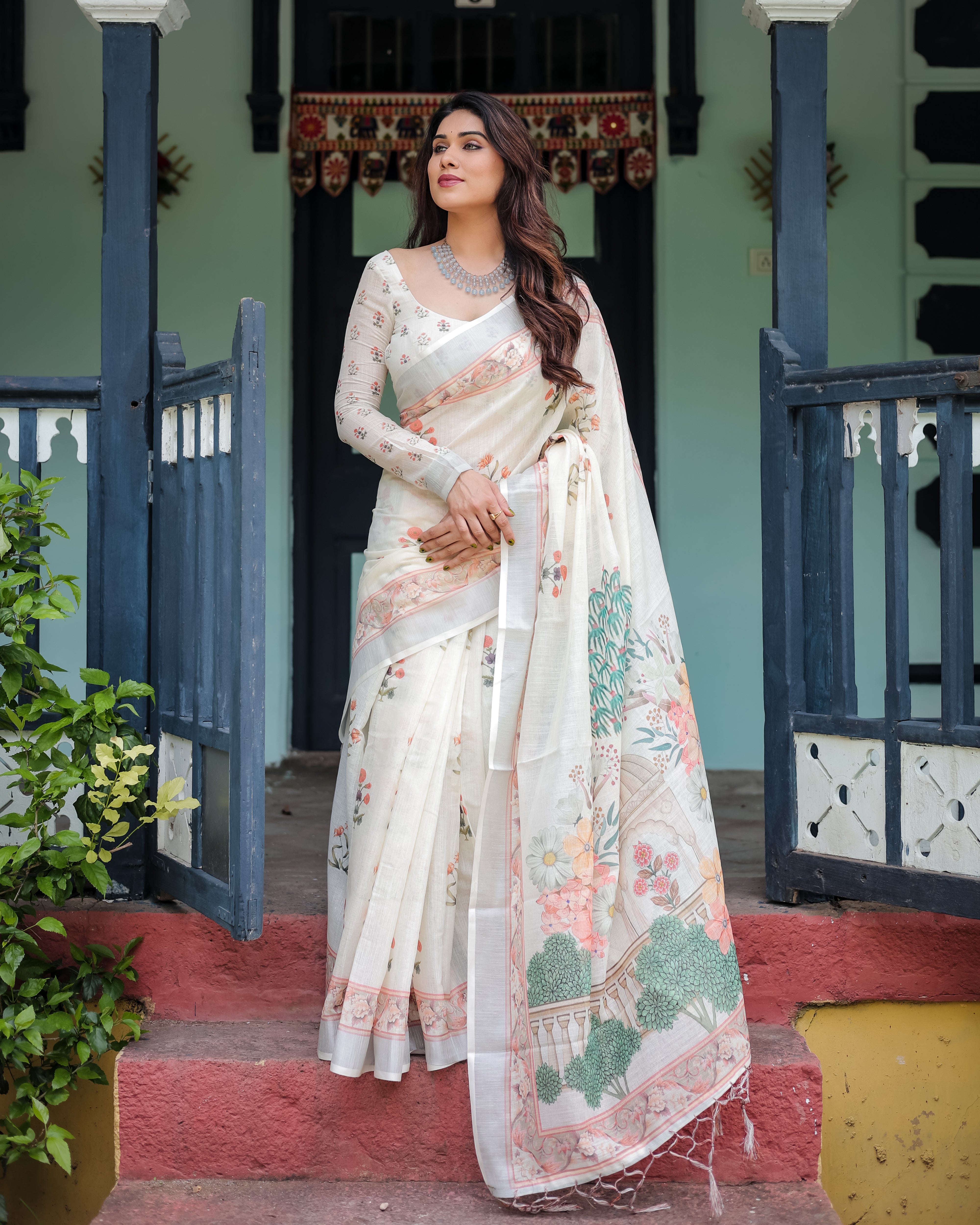 Off White Pure Cotton Linen Saree with Floral Print