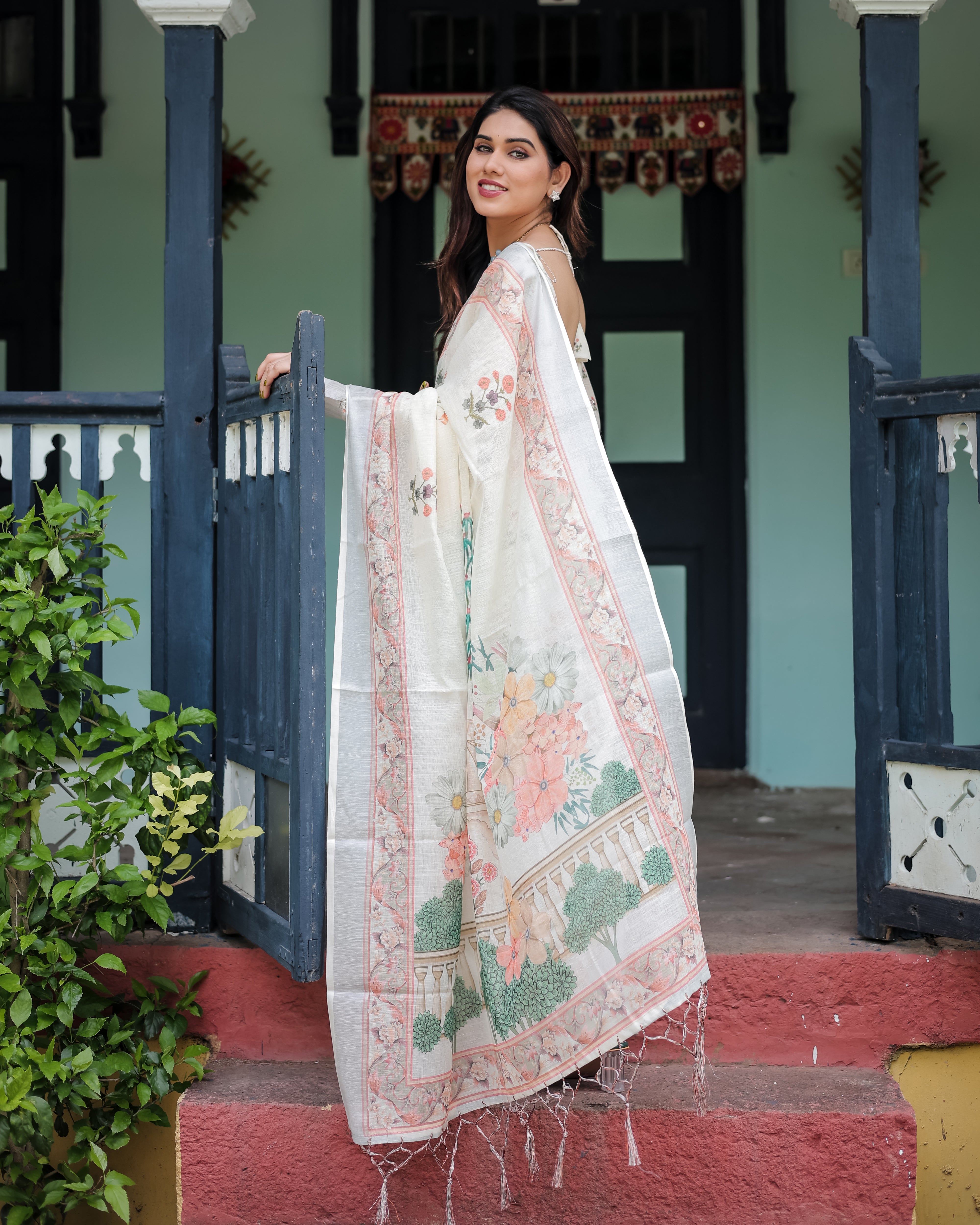 Off White Pure Cotton Linen Saree with Floral Print