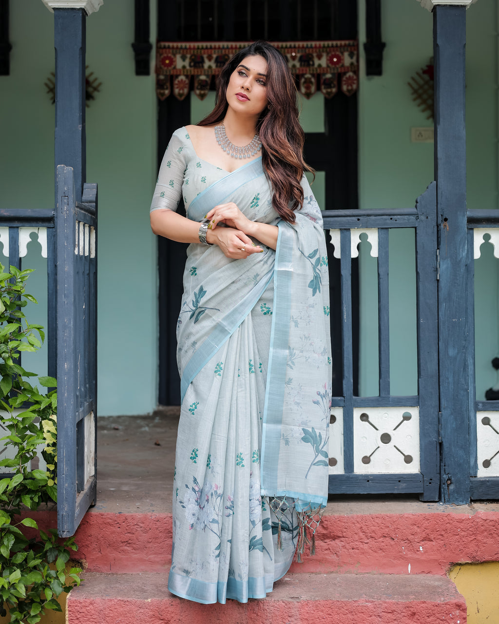 Pastel Grey Pure Cotton Linen Saree with Floral Print