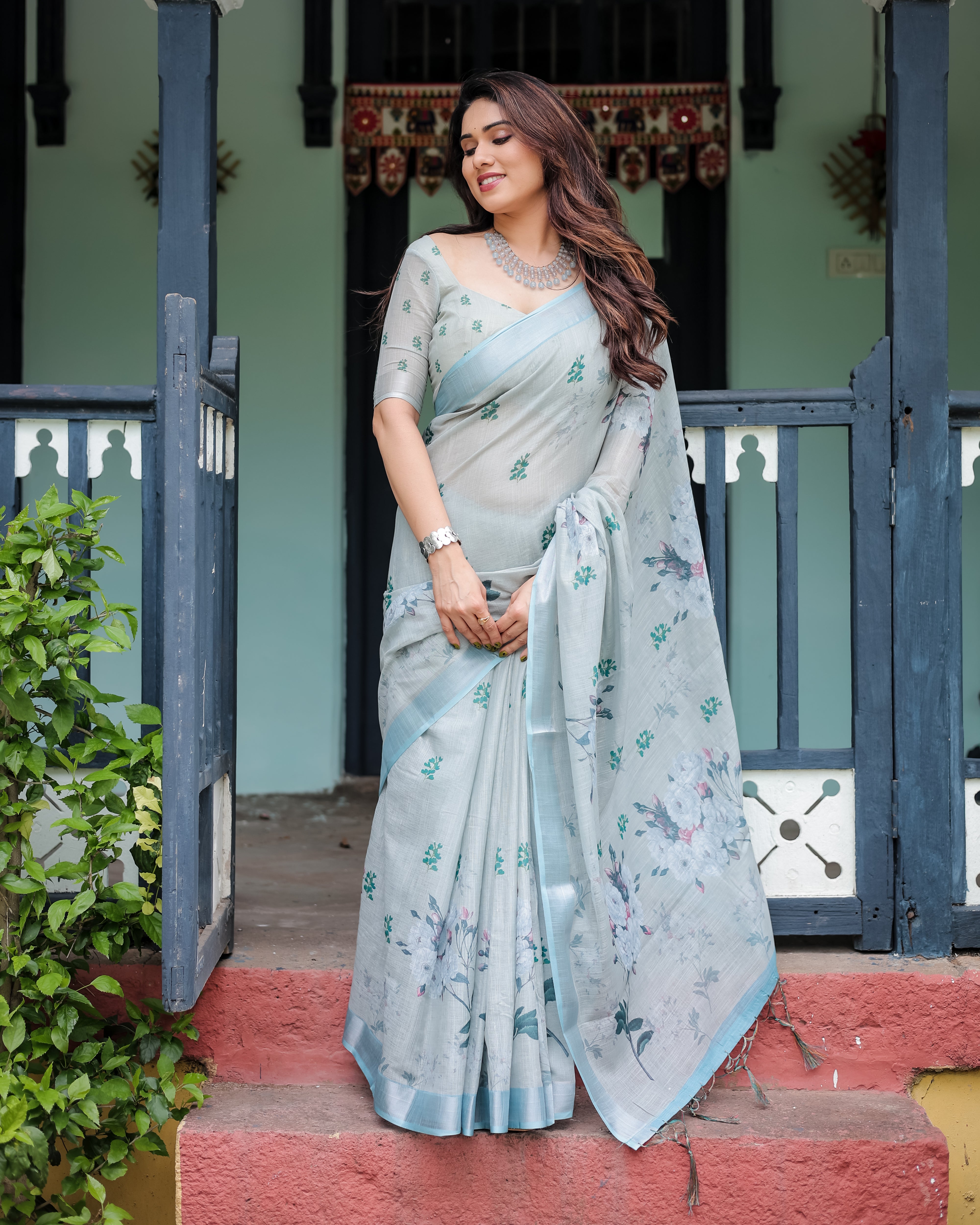 Pastel Grey Pure Cotton Linen Saree with Floral Print