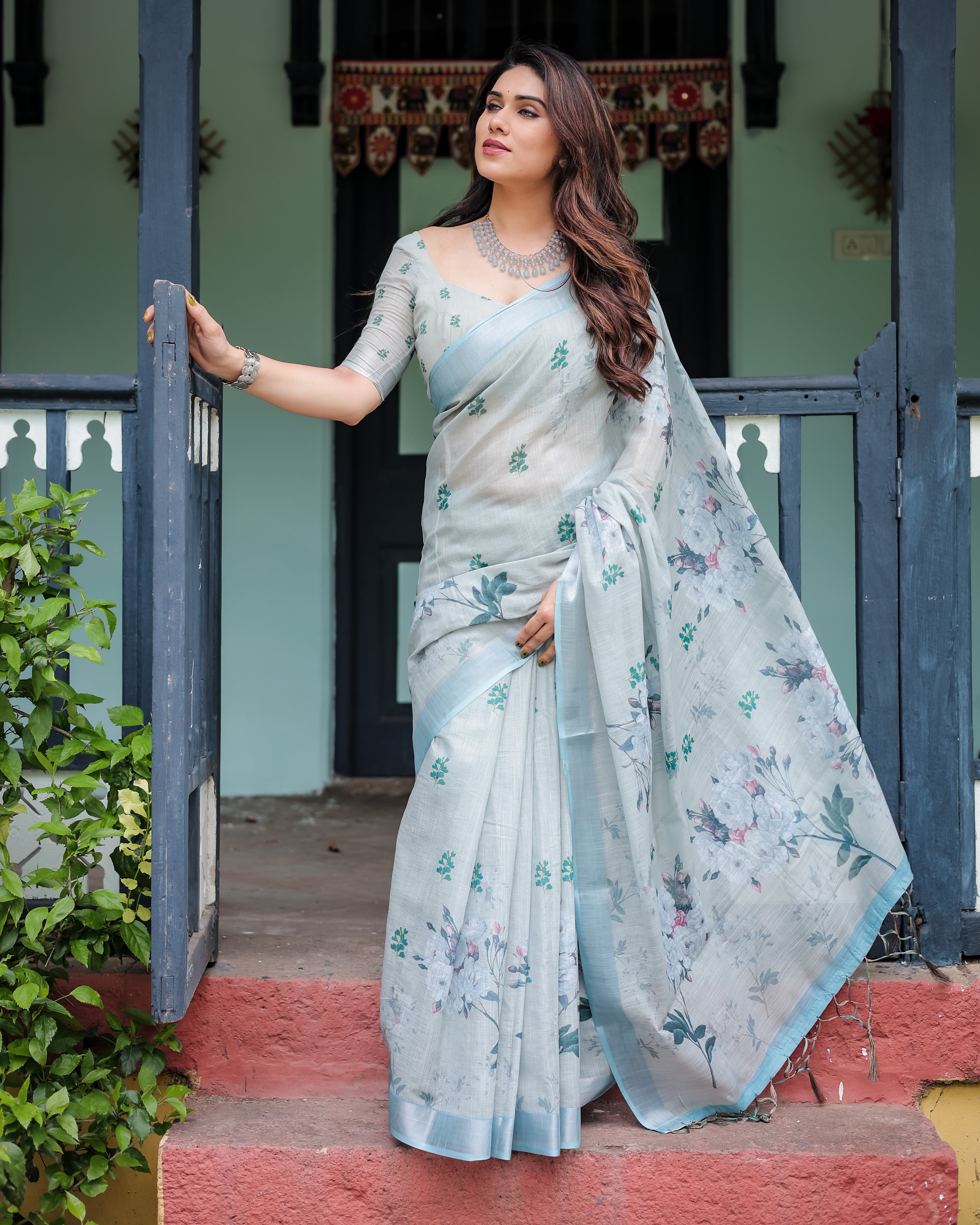 Pastel Grey Pure Cotton Linen Saree with Floral Print
