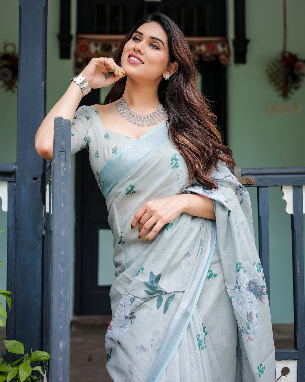 Pastel Grey Pure Cotton Linen Saree with Floral Print