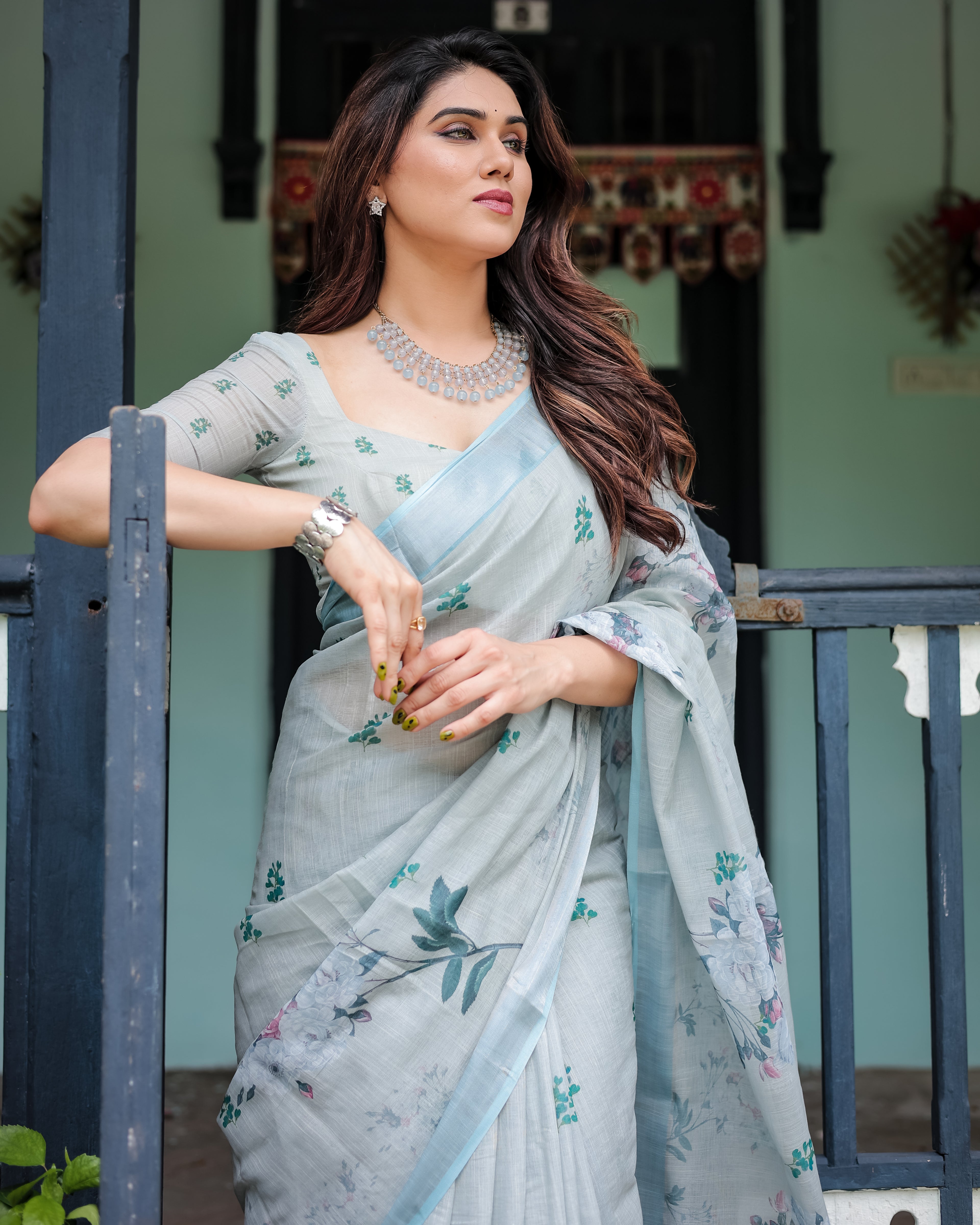 Pastel Grey Pure Cotton Linen Saree with Floral Print