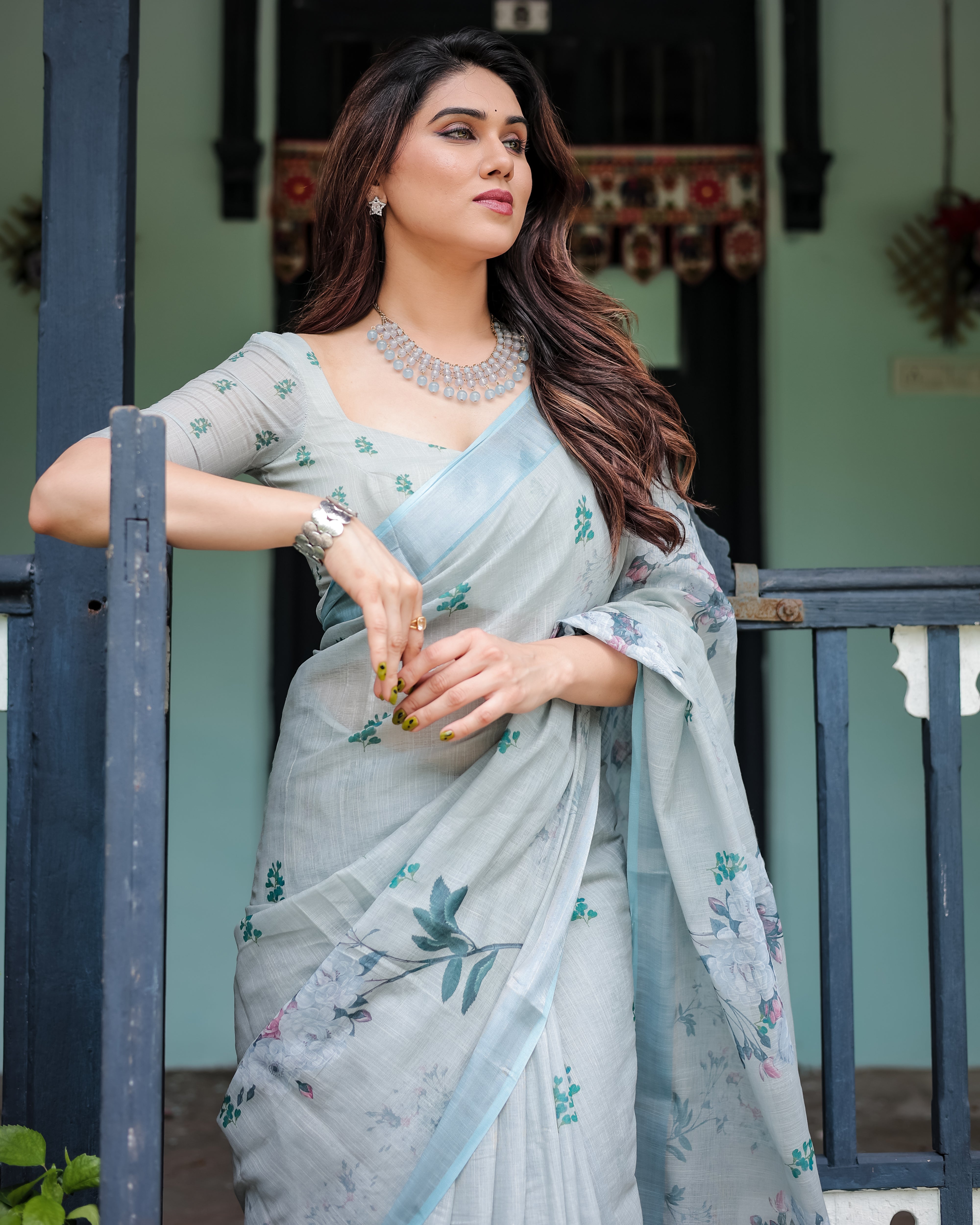 Pastel Grey Pure Cotton Linen Saree with Floral Print