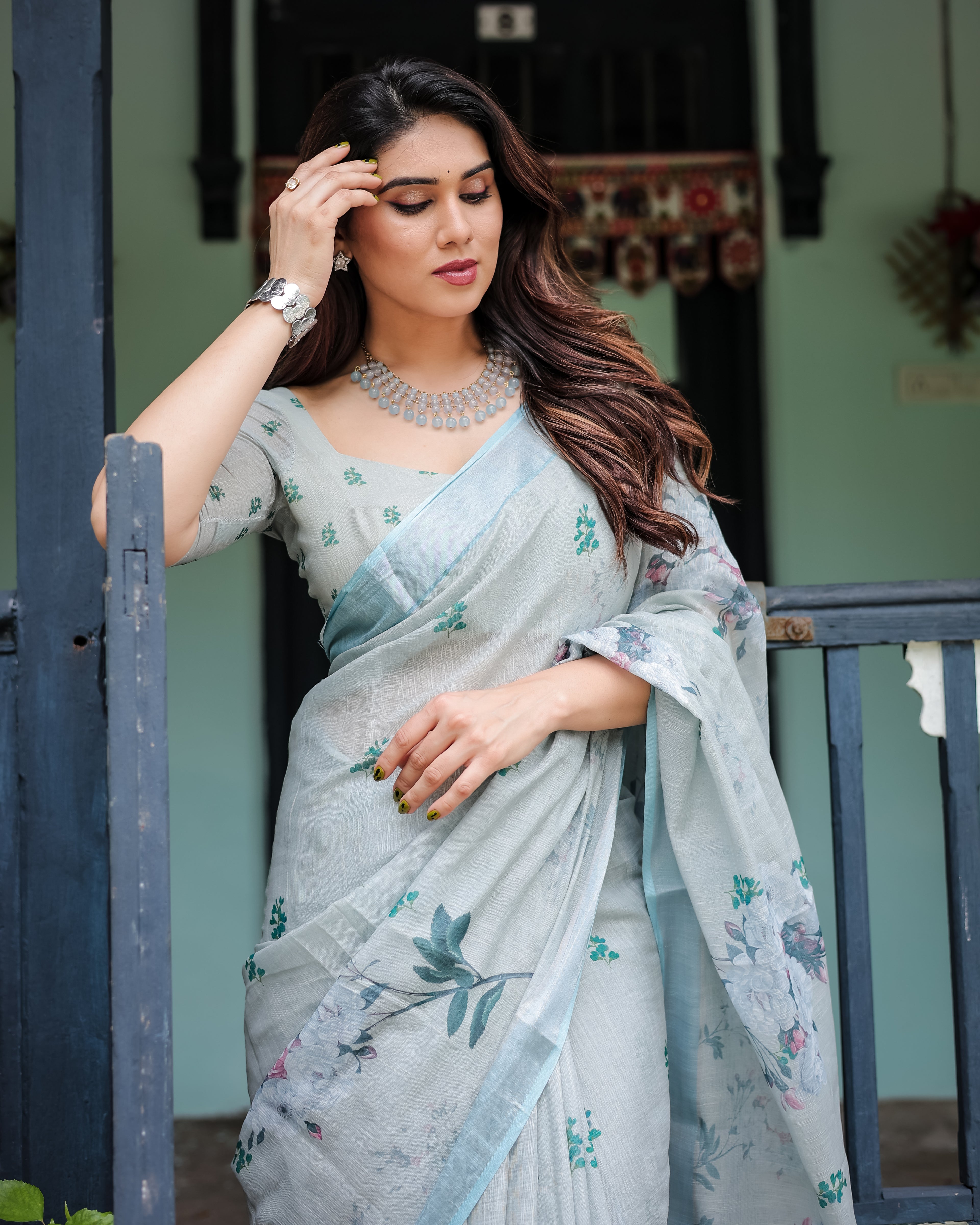 Pastel Grey Pure Cotton Linen Saree with Floral Print