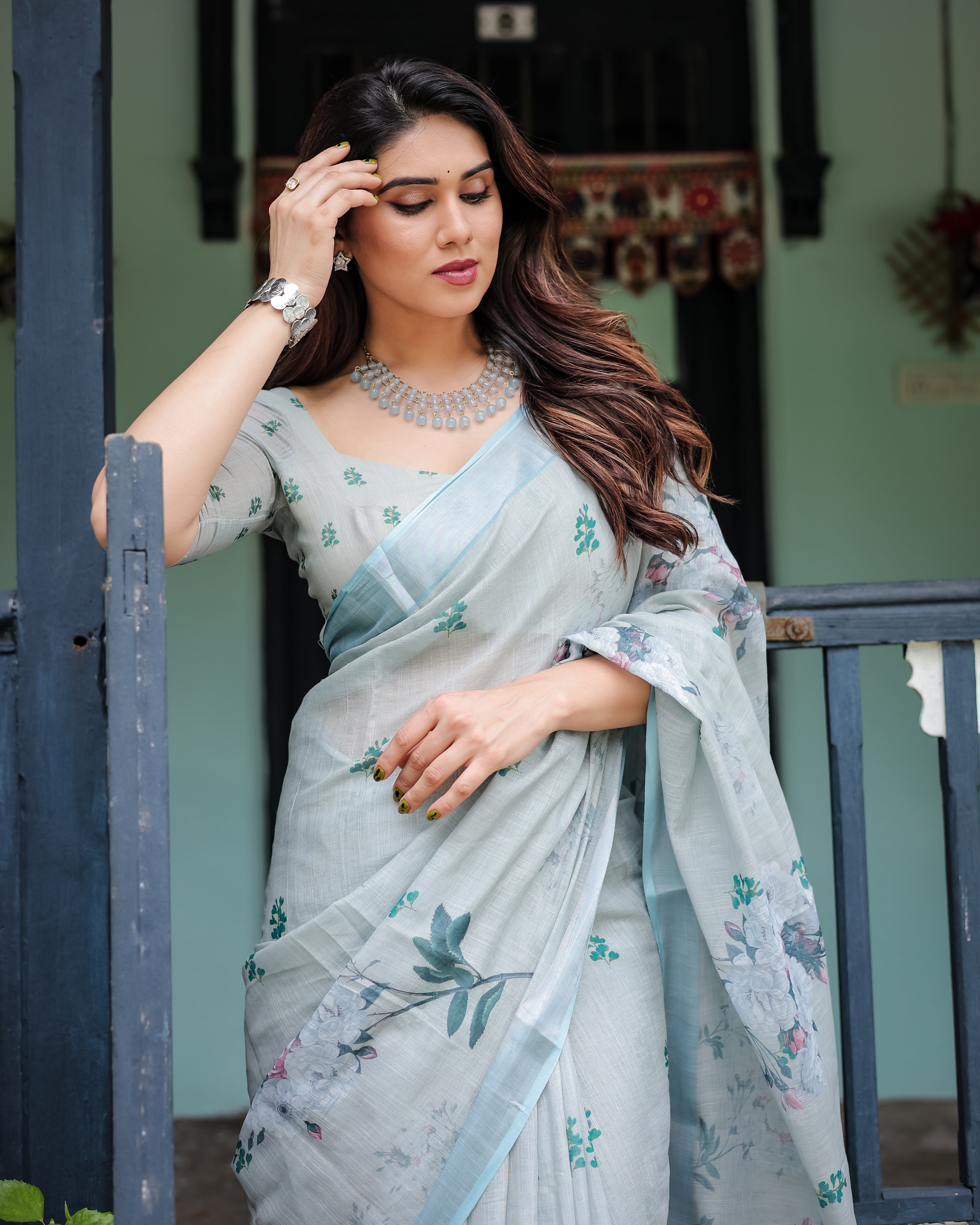 Pastel Grey Pure Cotton Linen Saree with Floral Print