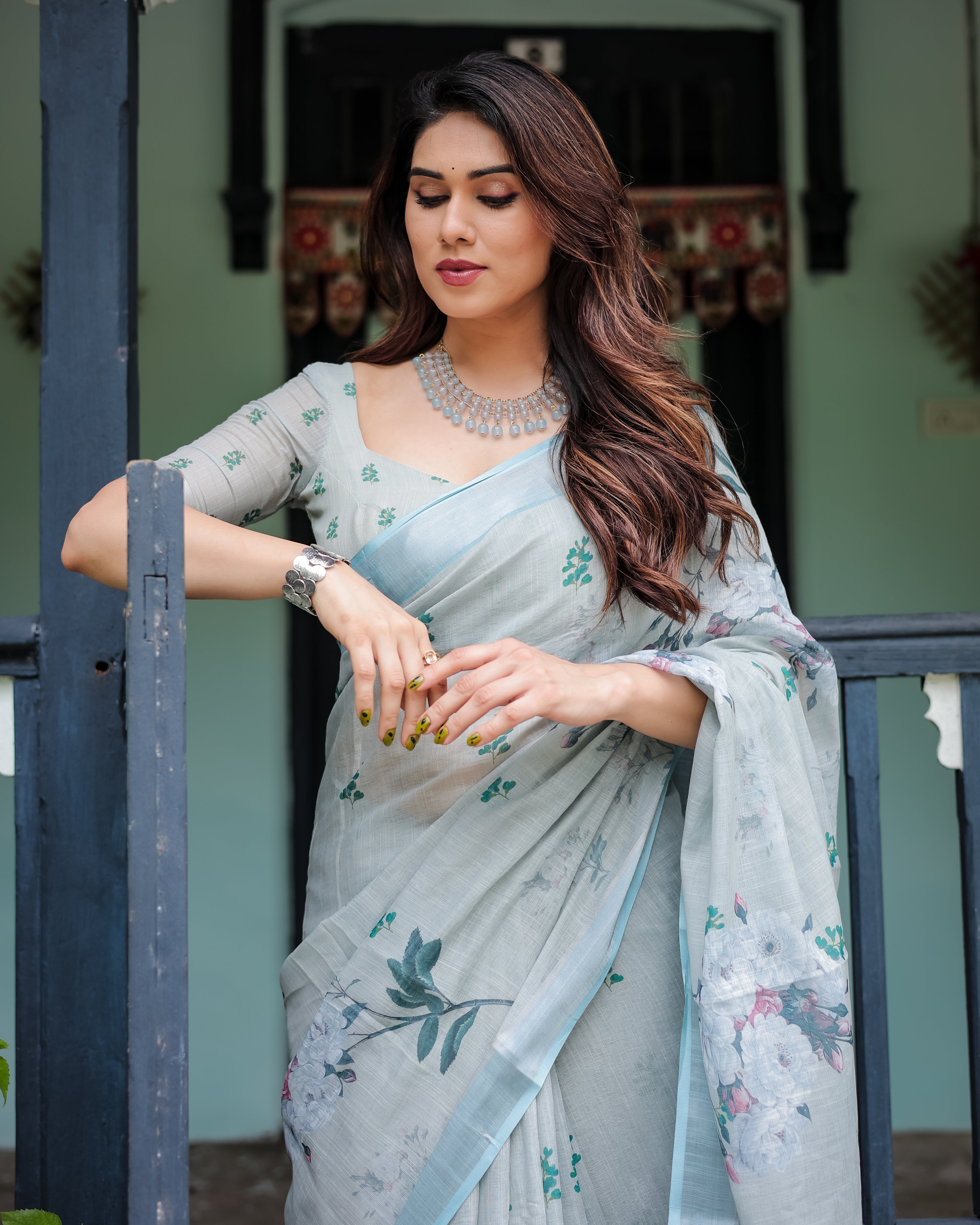 Pastel Grey Pure Cotton Linen Saree with Floral Print