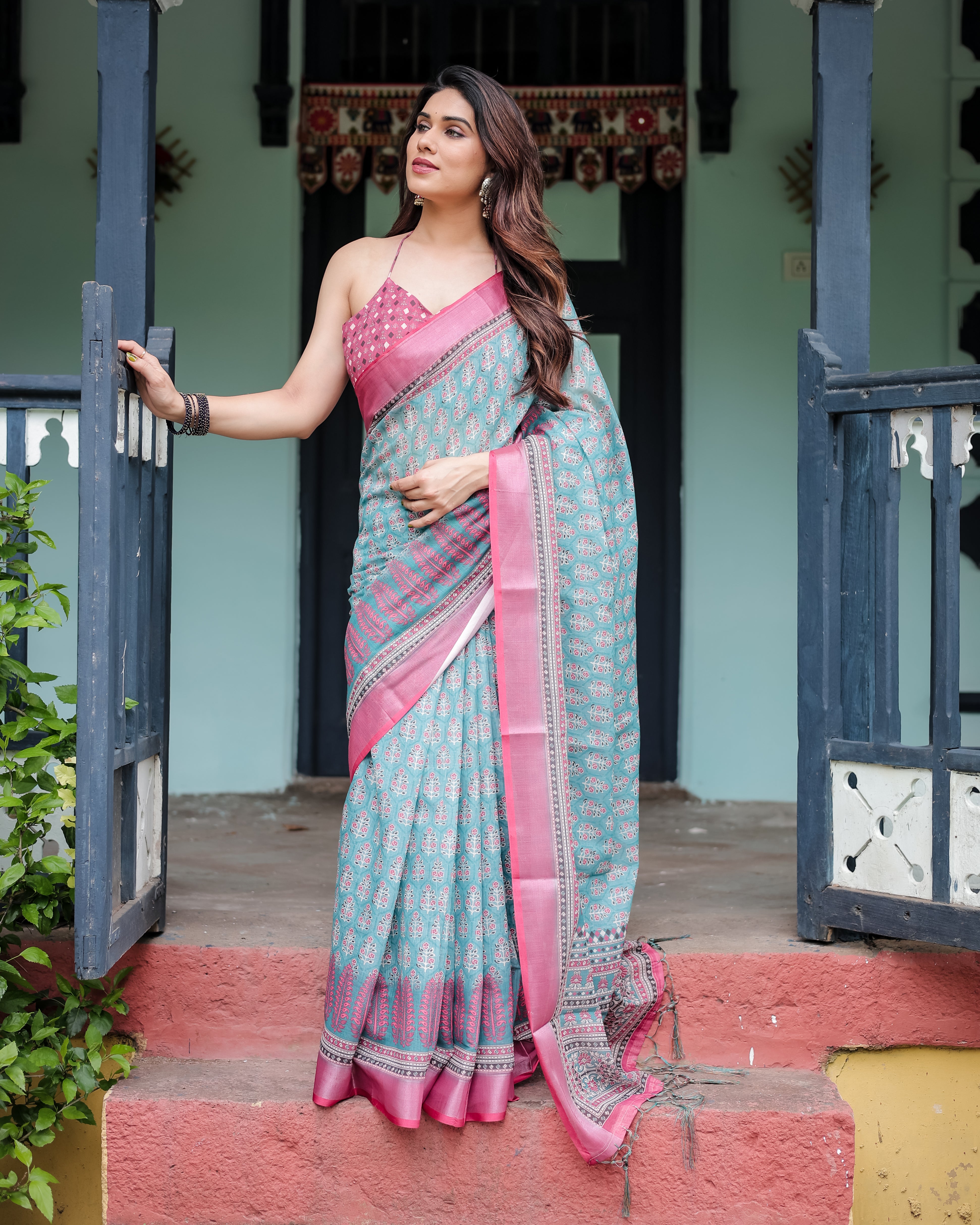 Green Pure Cotton Linen Saree with Pink Border