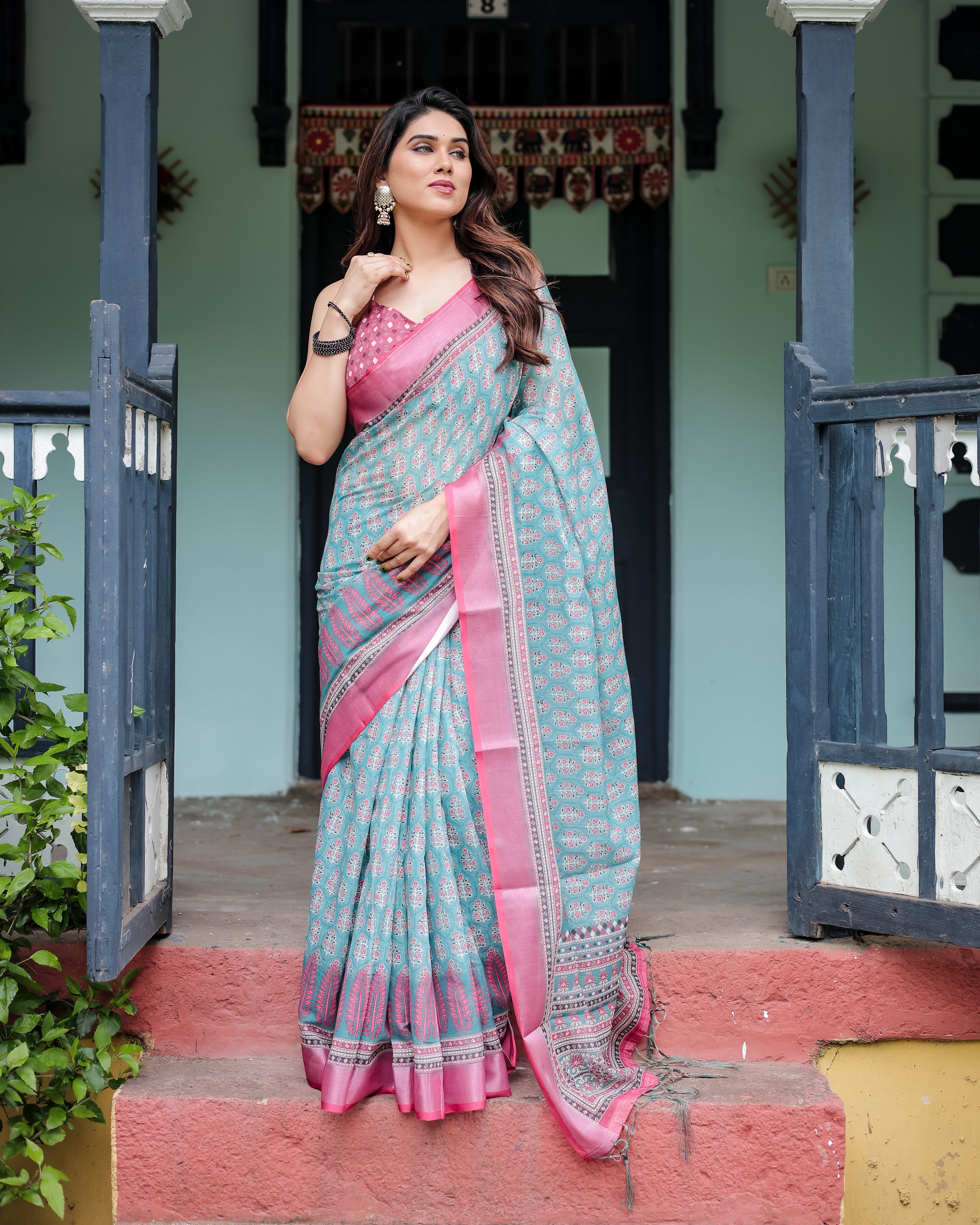 Green Pure Cotton Linen Saree with Pink Border