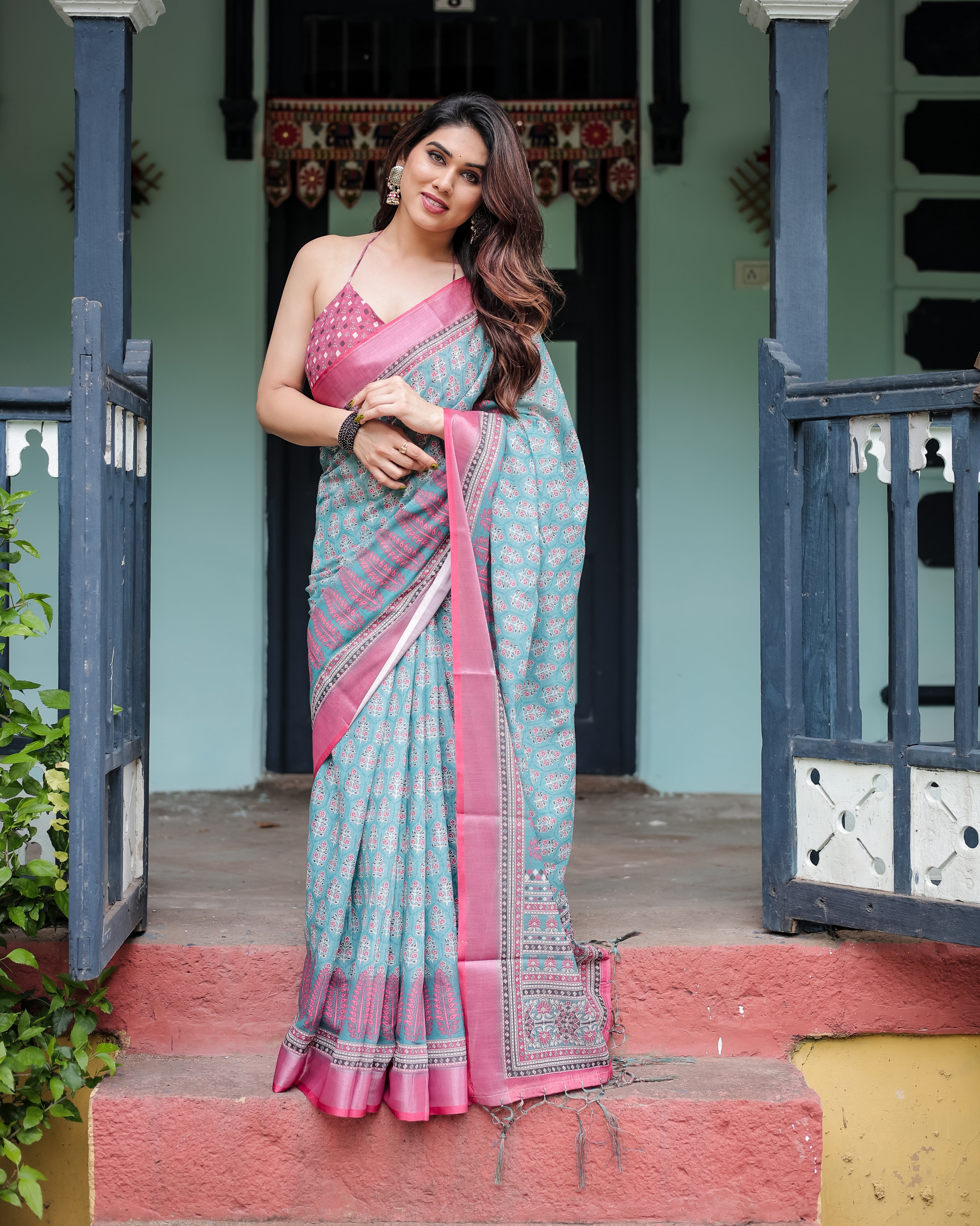 Green Pure Cotton Linen Saree with Pink Border