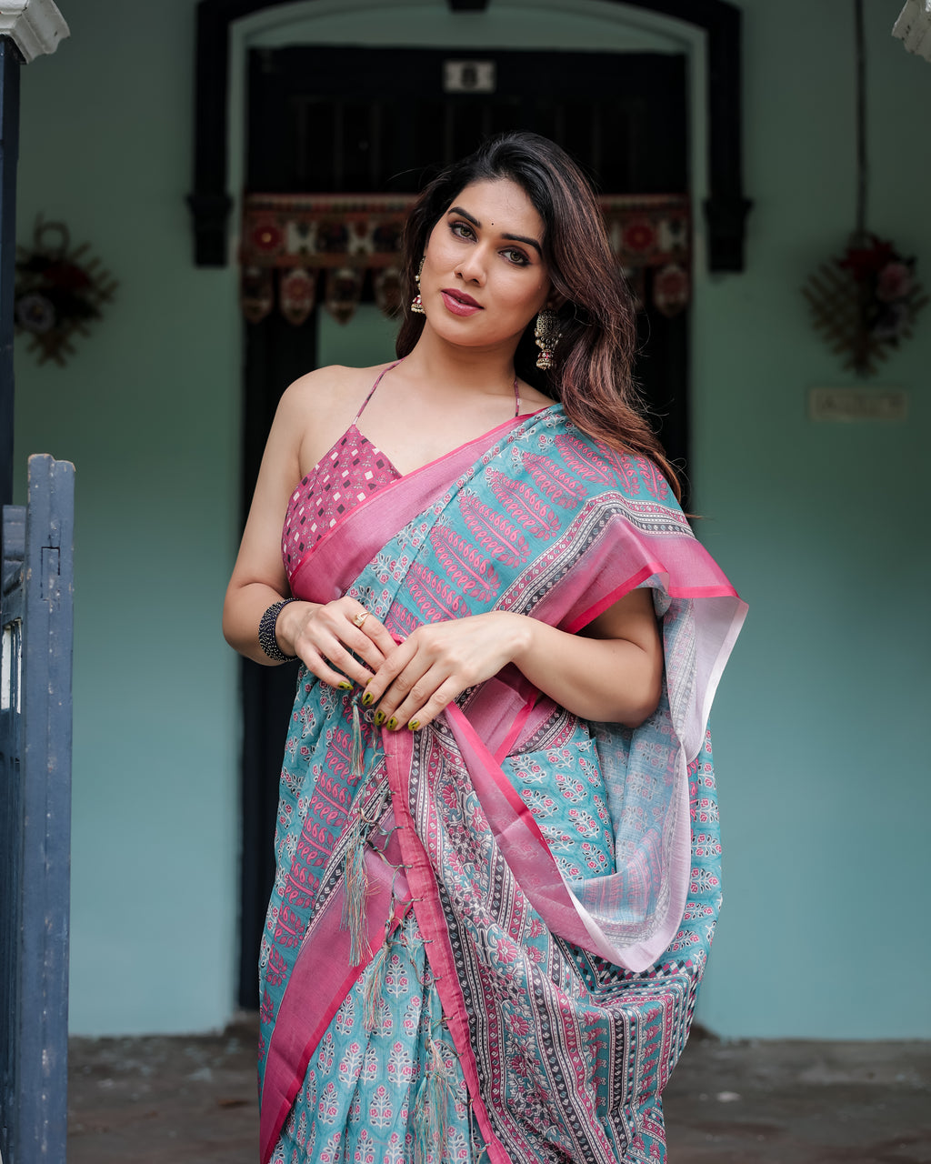 Green Pure Cotton Linen Saree with Pink Border