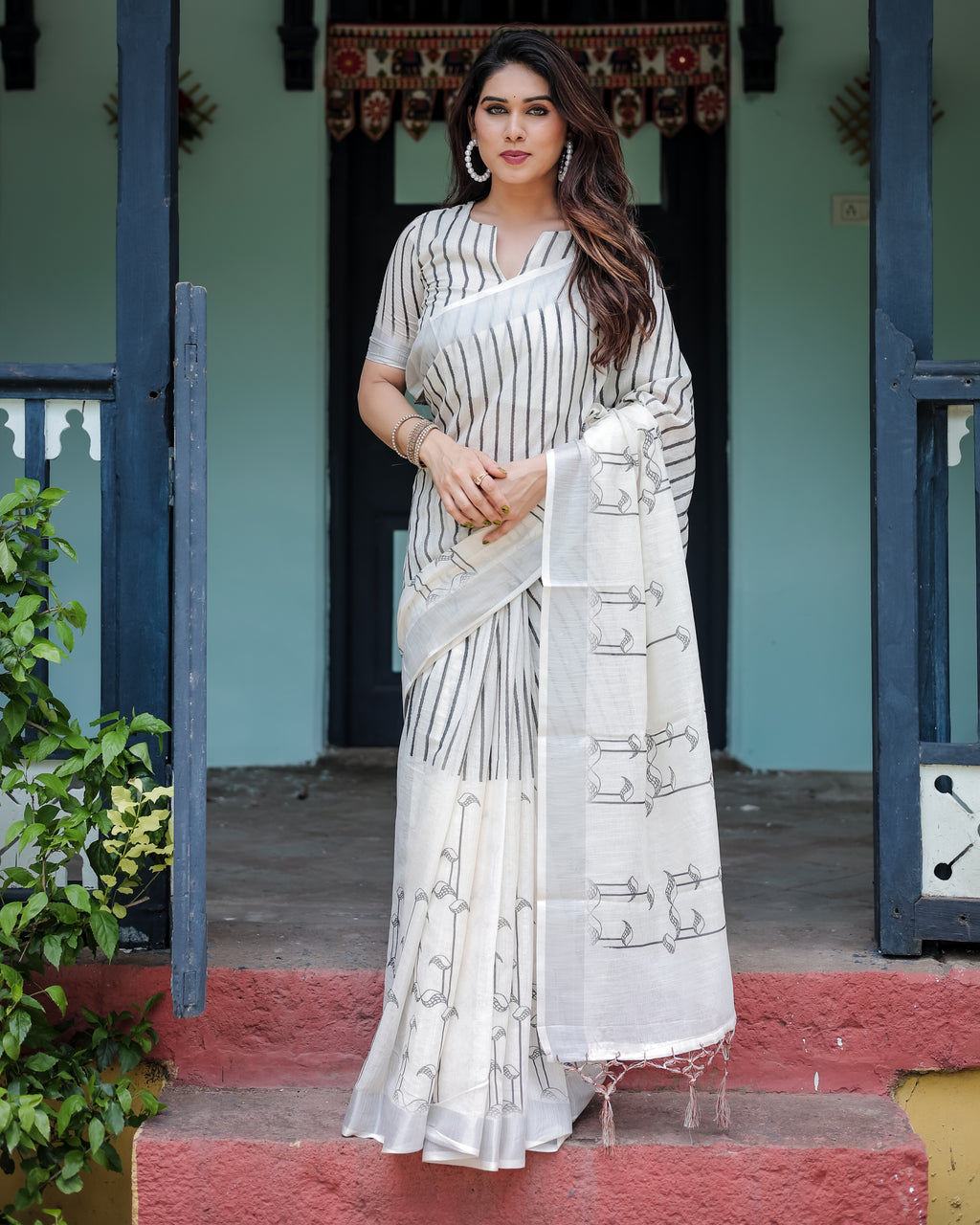 White and Black Pure Cotton Linen Saree with Black Stripes