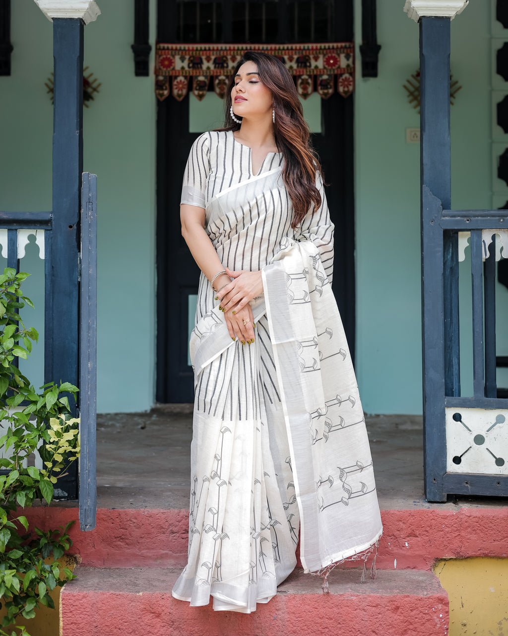 White and Black Pure Cotton Linen Saree with Black Stripes