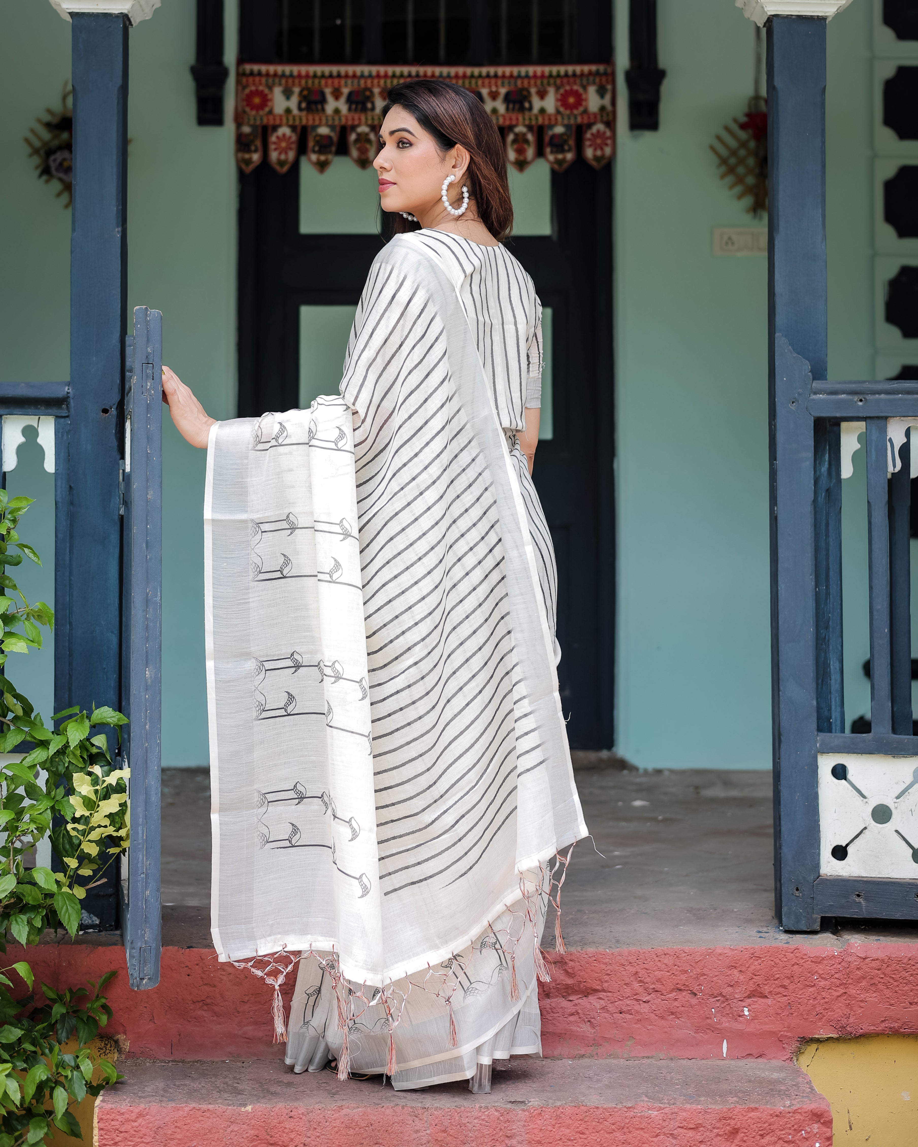 White and Black Pure Cotton Linen Saree with Black Stripes