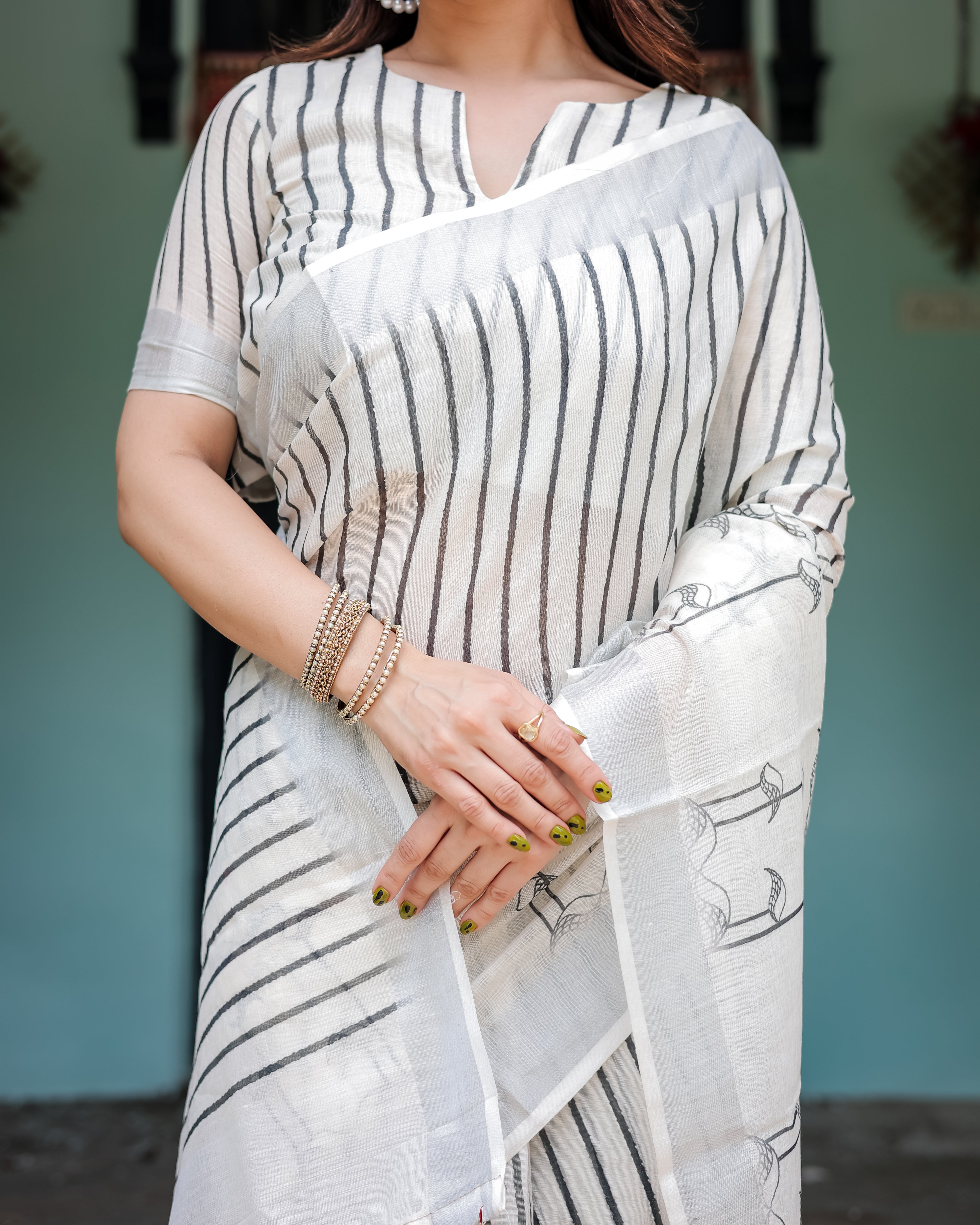 White and Black Pure Cotton Linen Saree with Black Stripes