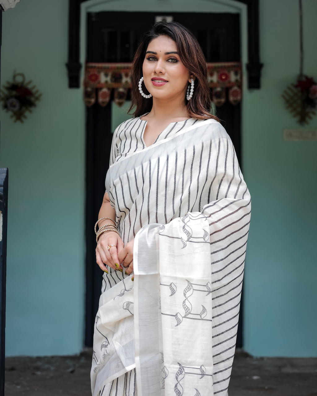 White and Black Pure Cotton Linen Saree with Black Stripes