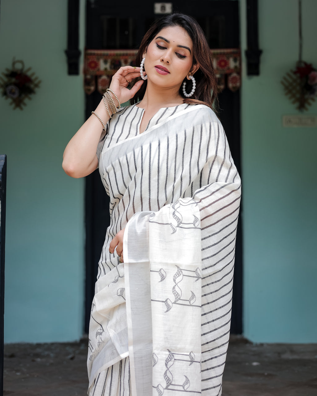 White and Black Pure Cotton Linen Saree with Black Stripes