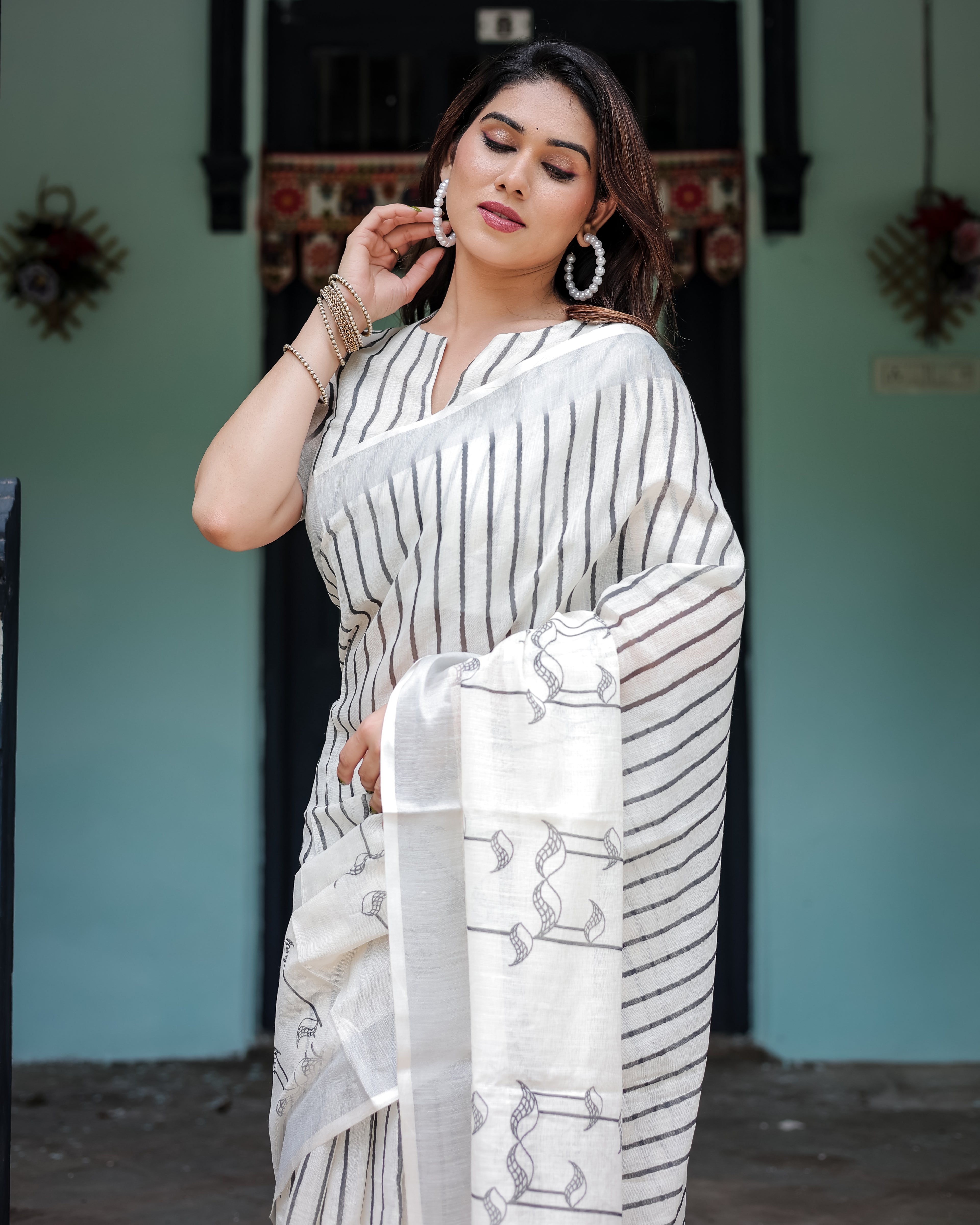 White and Black Pure Cotton Linen Saree with Black Stripes