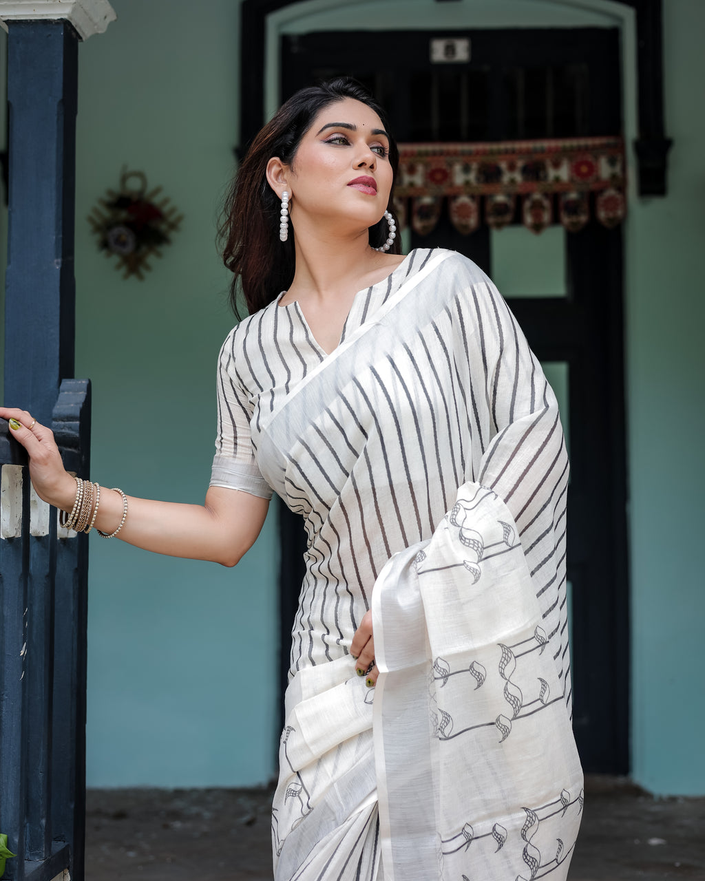 White and Black Pure Cotton Linen Saree with Black Stripes