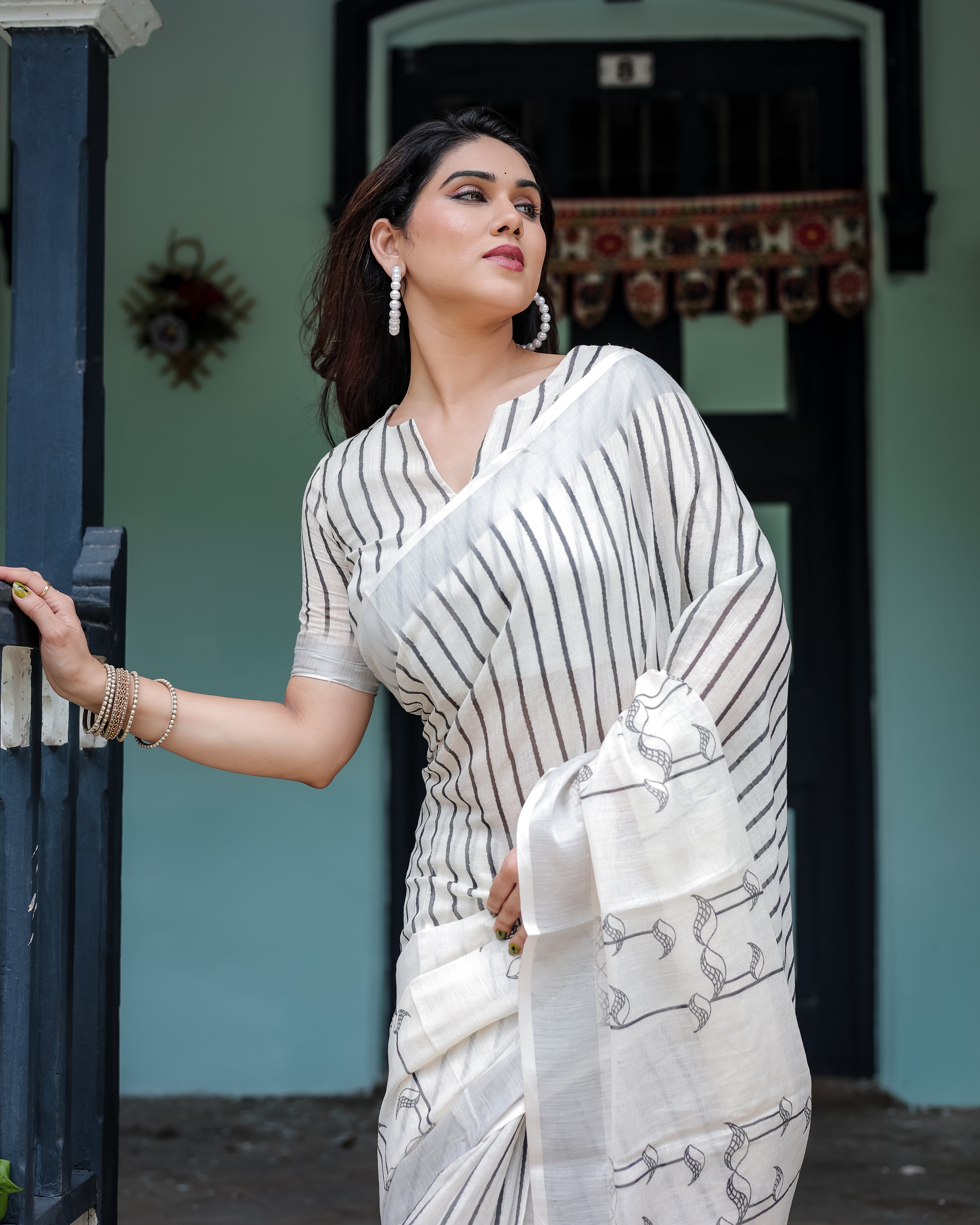 White and Black Pure Cotton Linen Saree with Black Stripes
