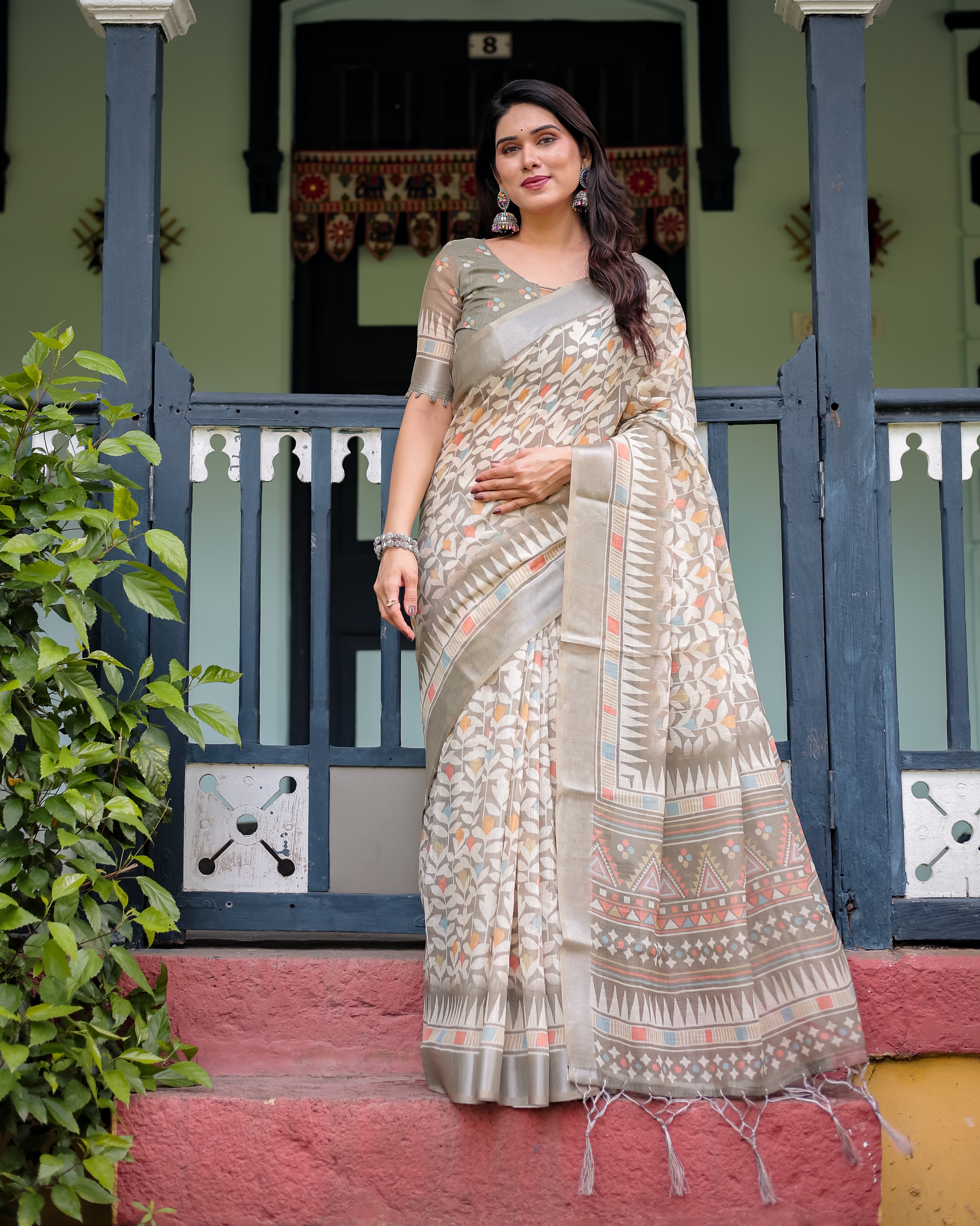 Beige Pure Cotton Linen Saree with Geometric and Leaf Pattern