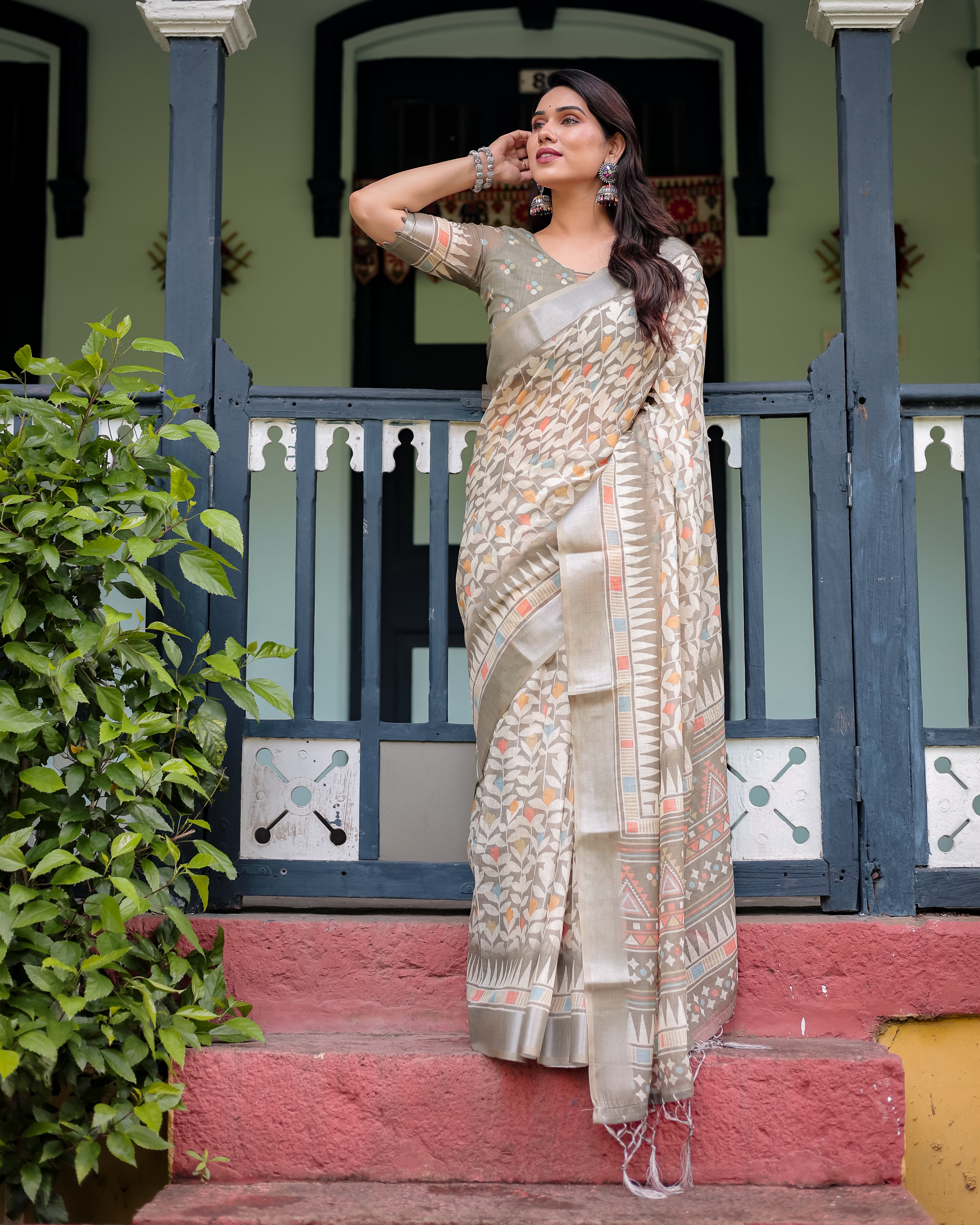 Beige Pure Cotton Linen Saree with Geometric and Leaf Pattern