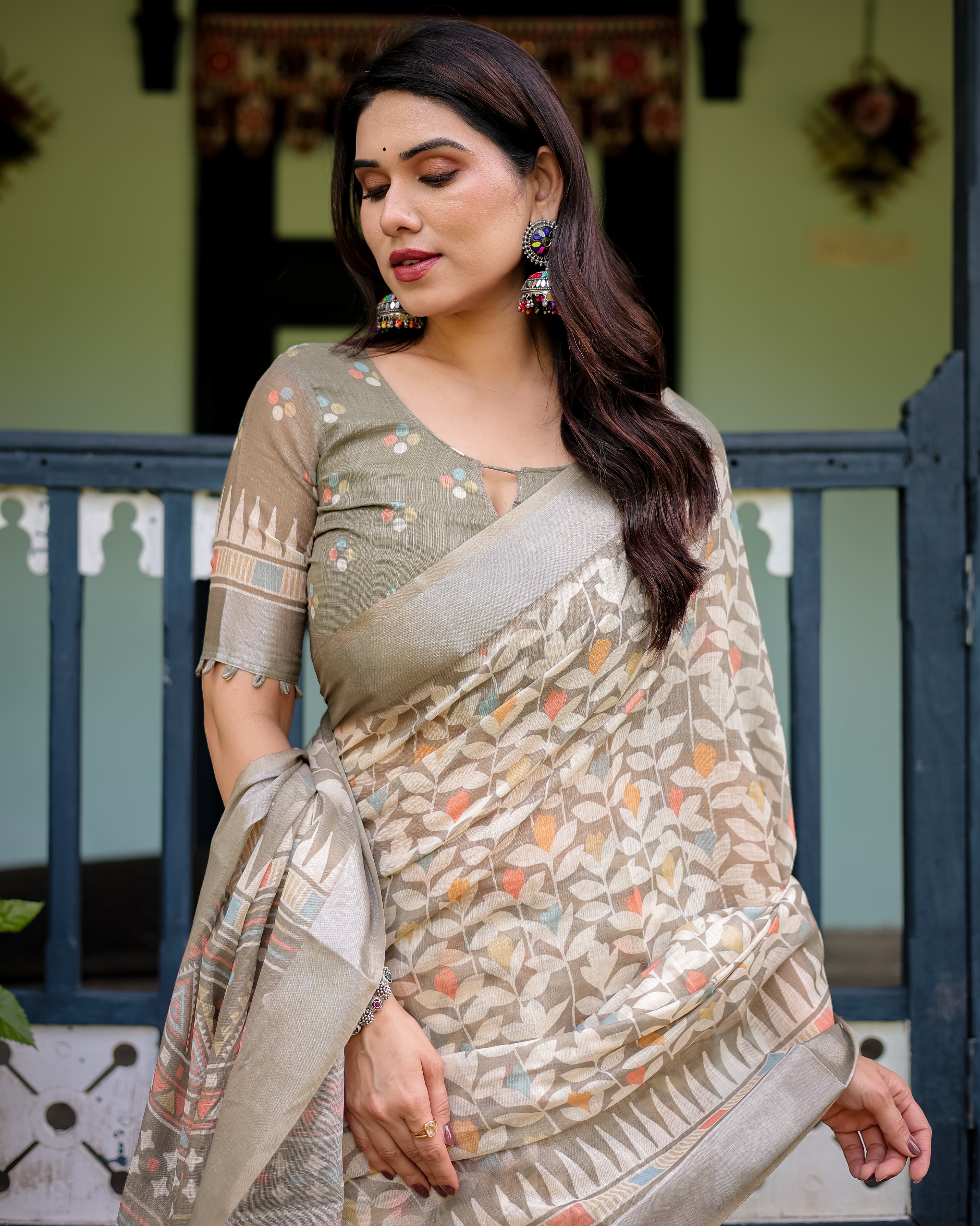 Beige Pure Cotton Linen Saree with Geometric and Leaf Pattern
