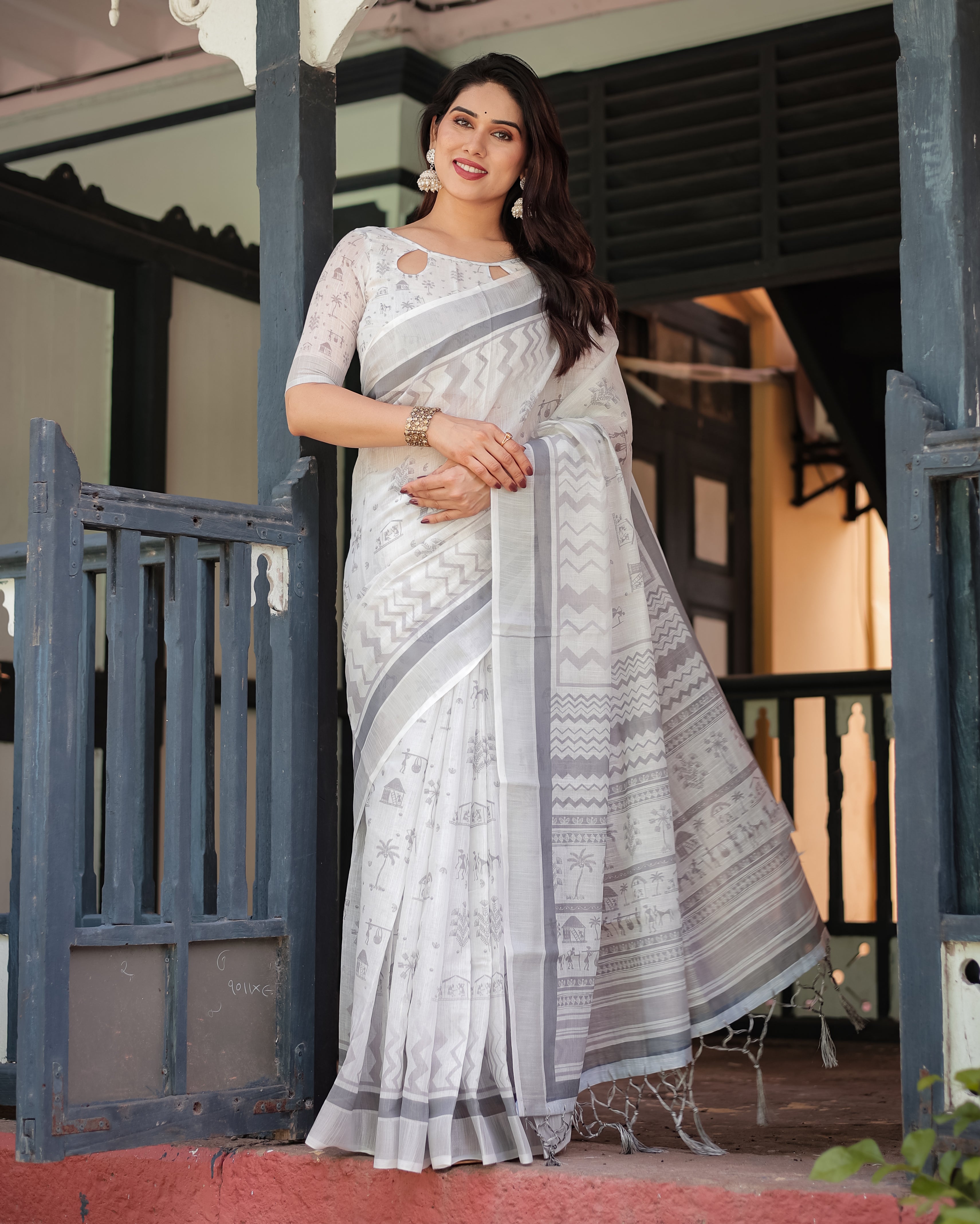 Elegant White & Grey Printed Linen Cotton Saree