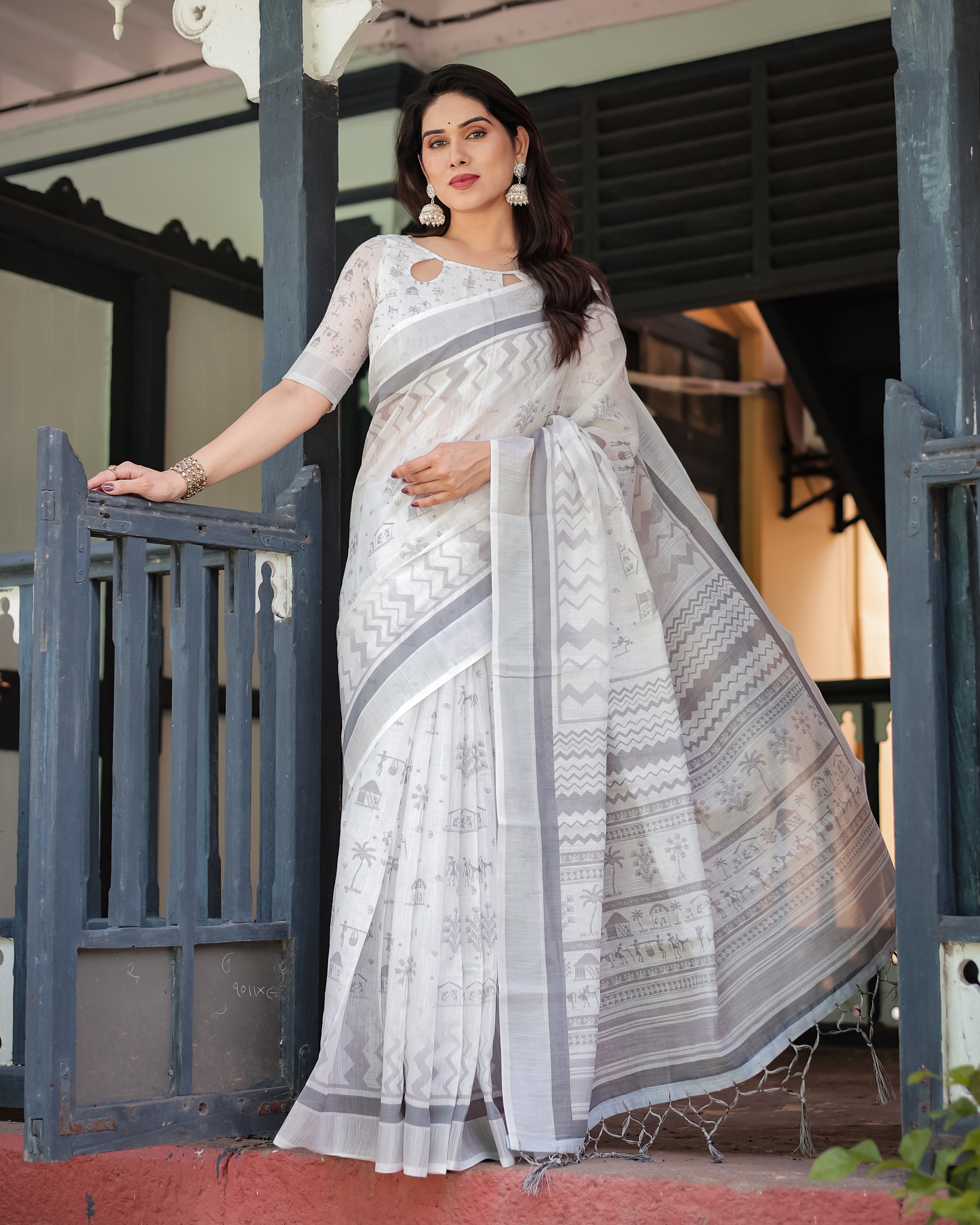 Elegant White & Grey Printed Linen Cotton Saree