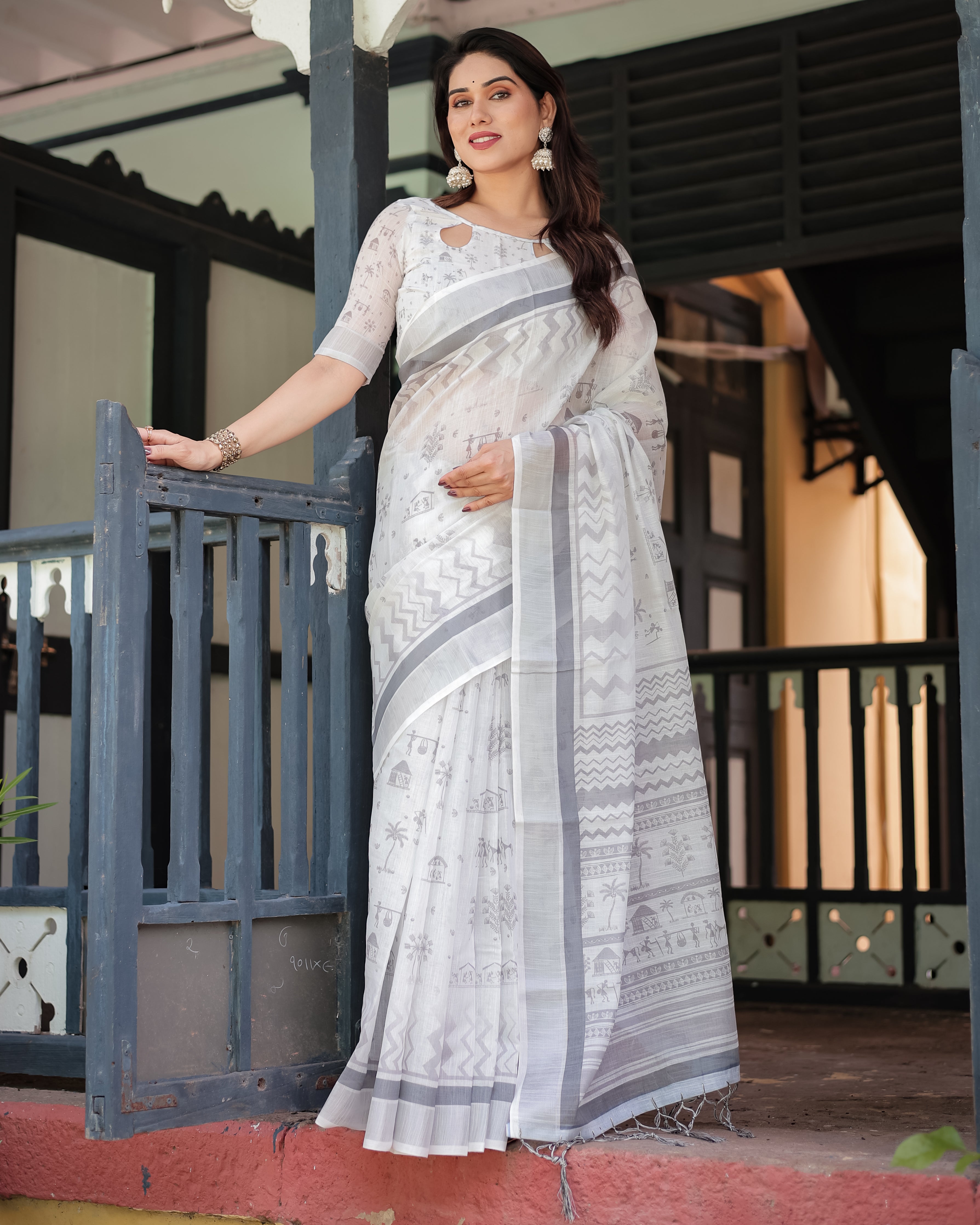Elegant White & Grey Printed Linen Cotton Saree