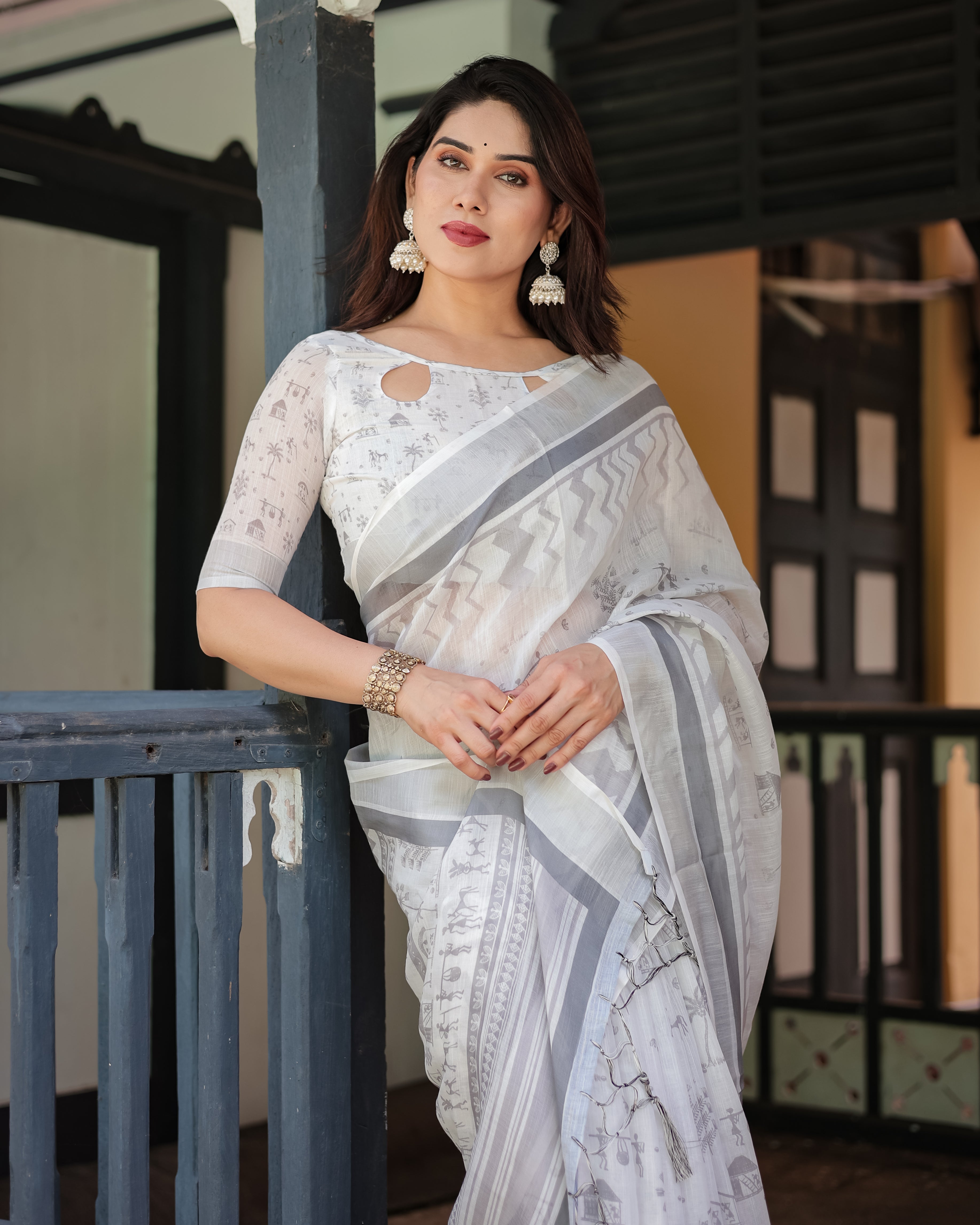 Elegant White & Grey Printed Linen Cotton Saree