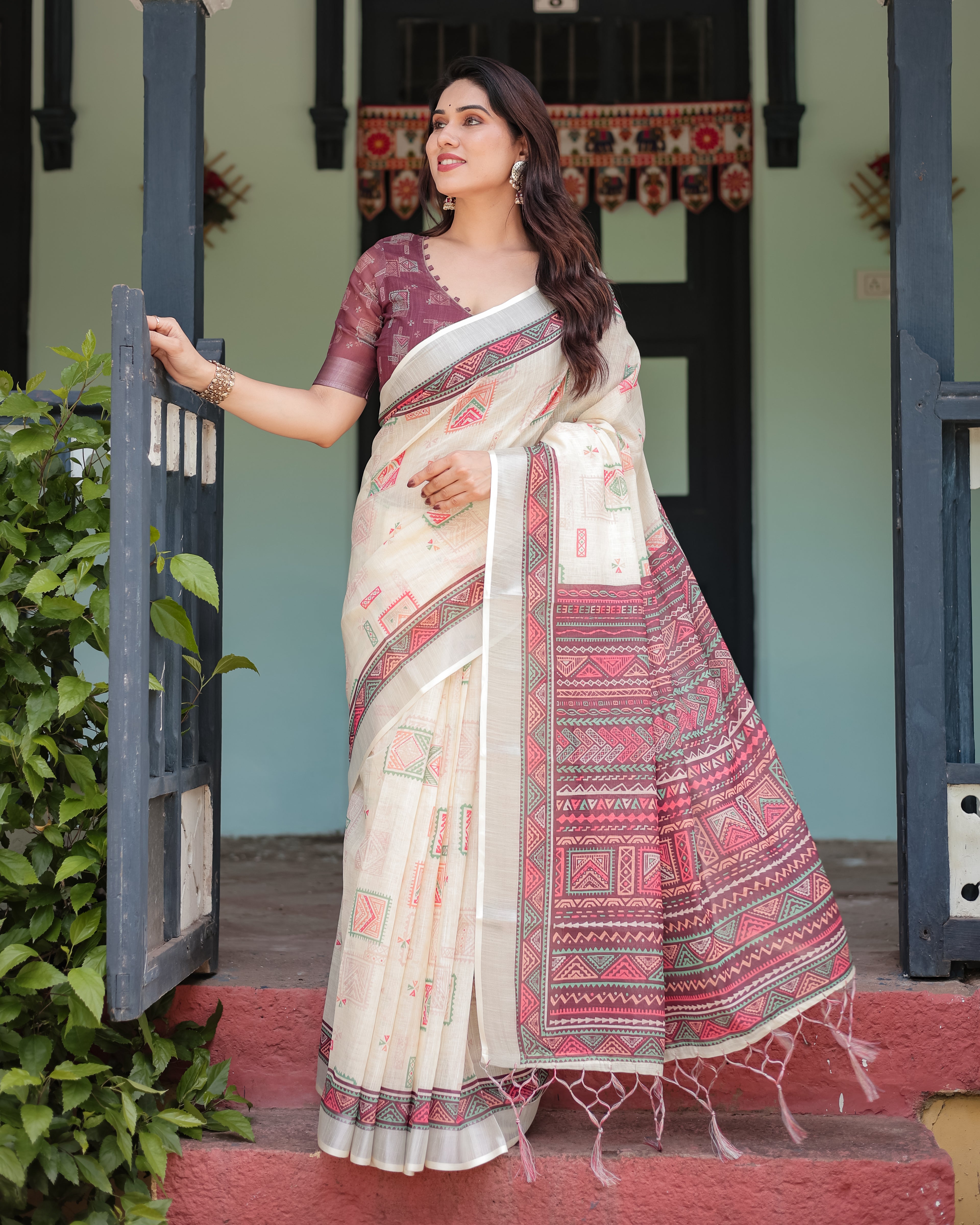 Off White Pure Linen Cotton Saree with Maroon Border