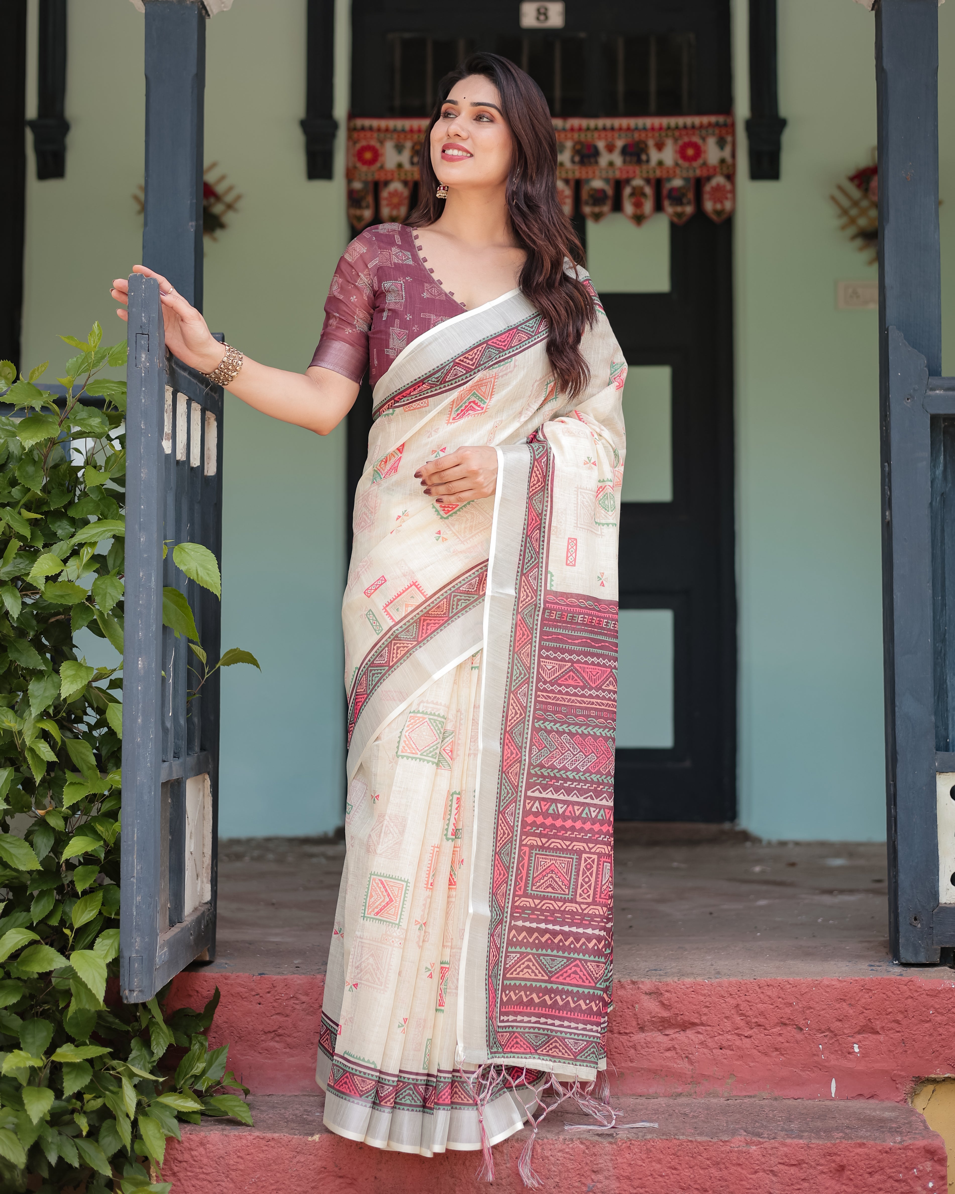 Off White Pure Linen Cotton Saree with Maroon Border