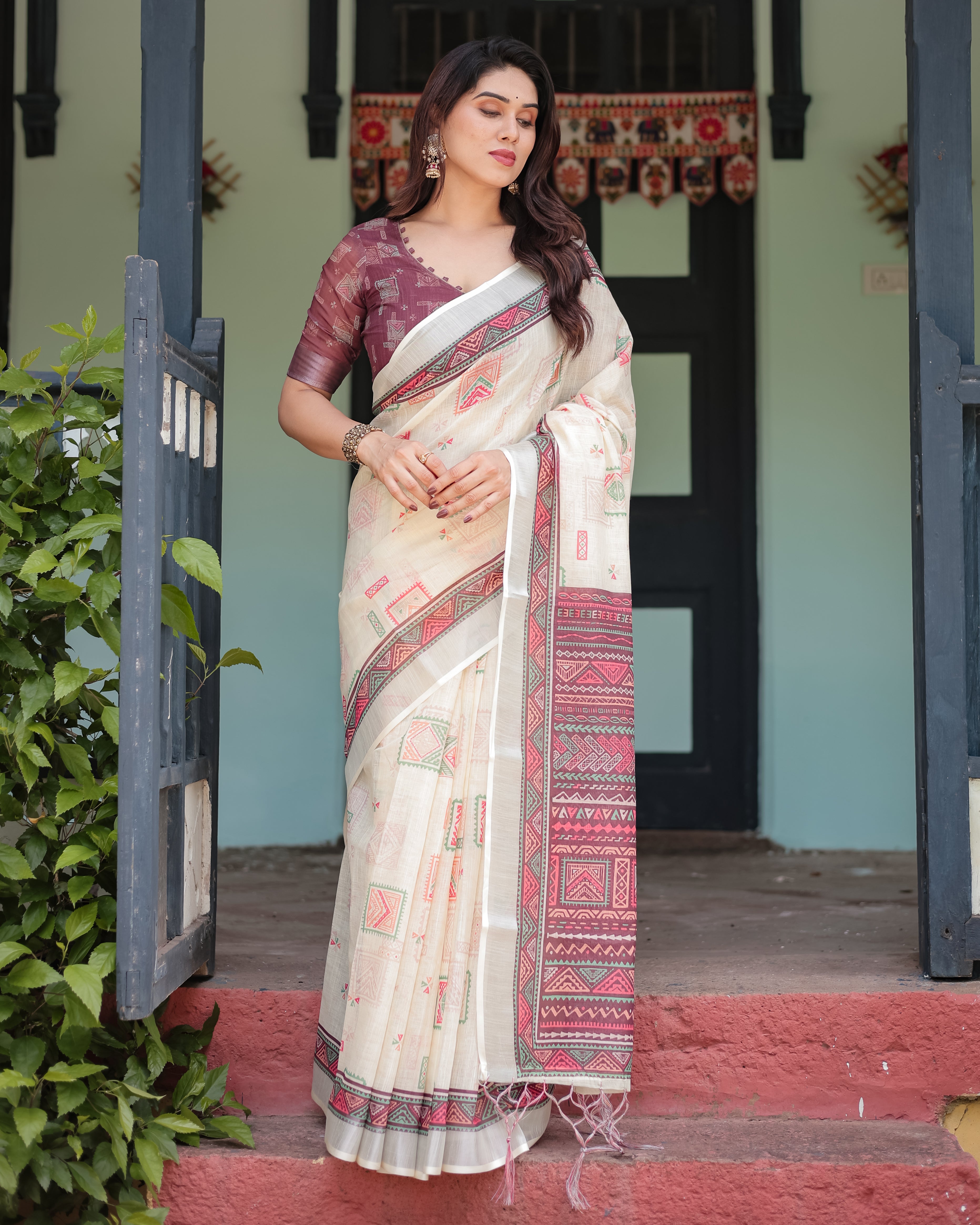 Off White Pure Linen Cotton Saree with Maroon Border