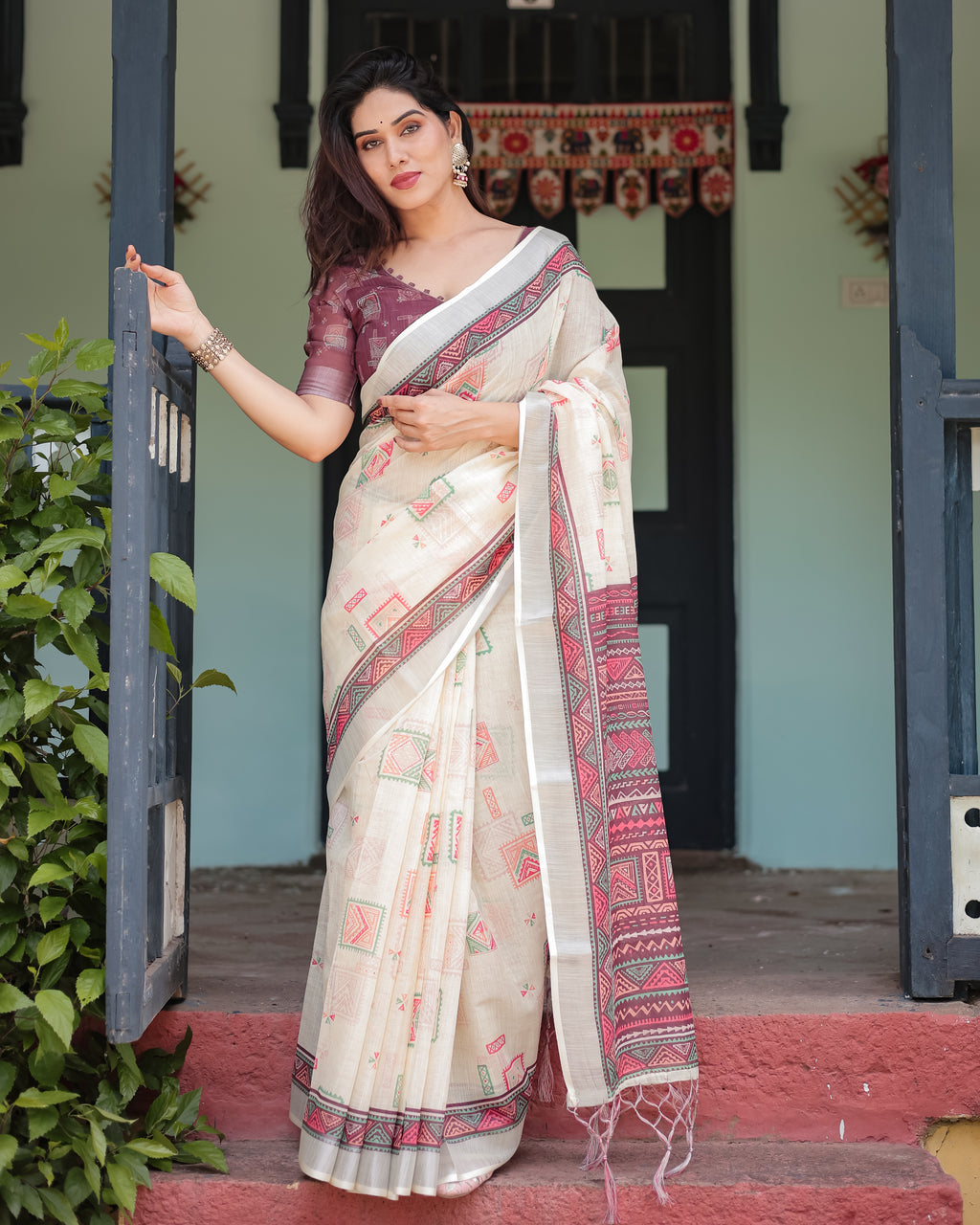 Off White Pure Linen Cotton Saree with Maroon Border