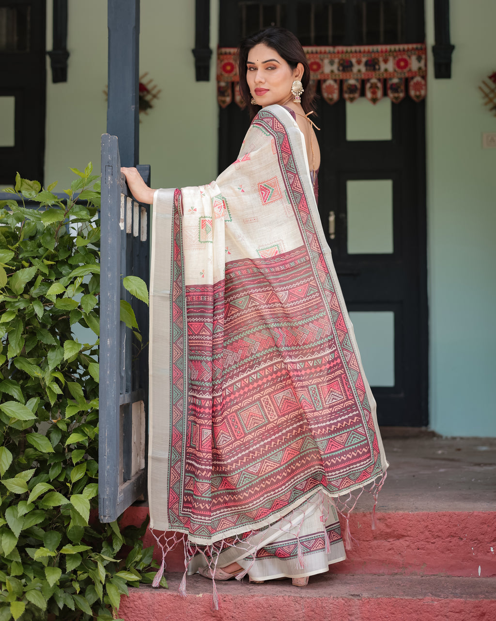 Off White Pure Linen Cotton Saree with Maroon Border
