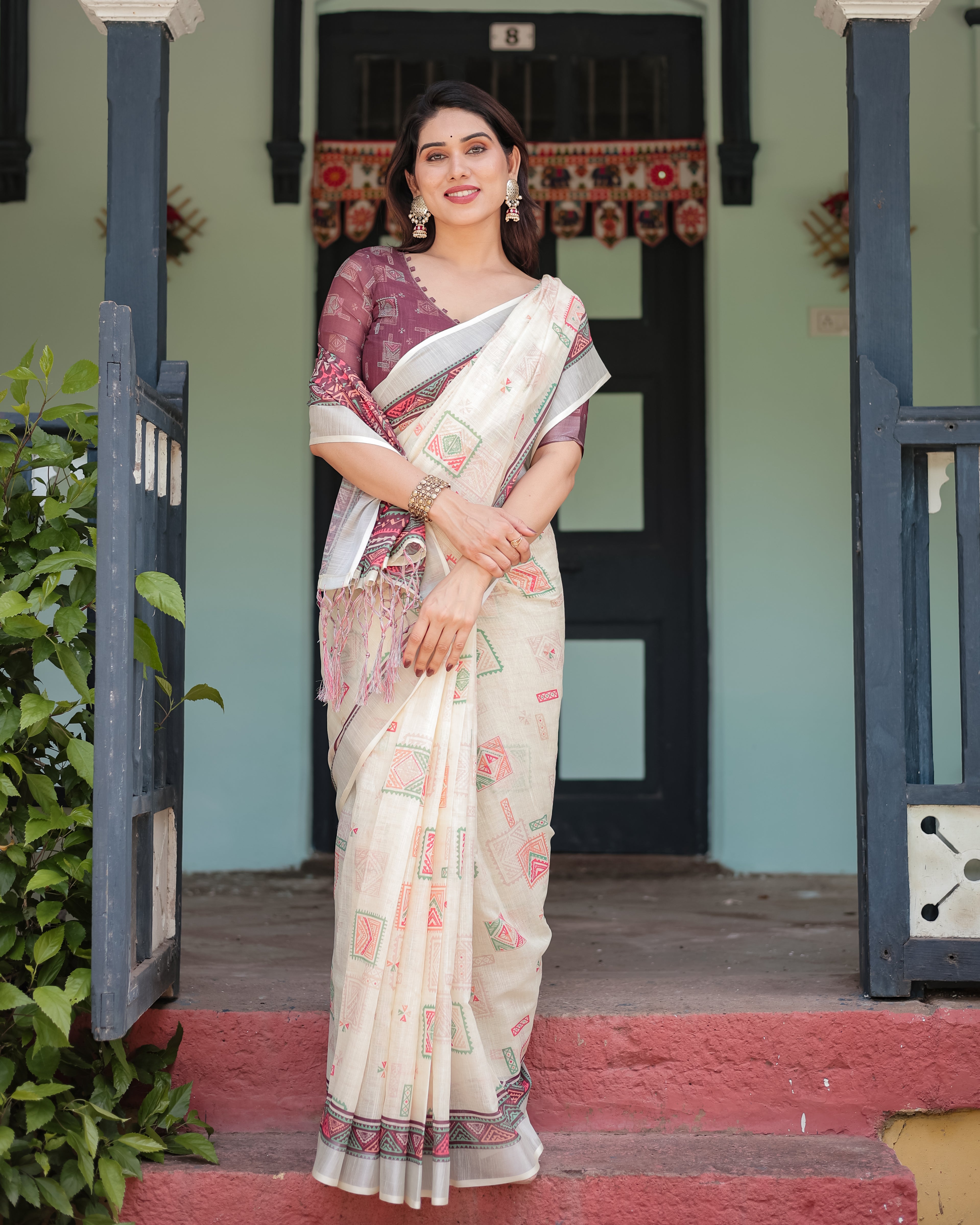 Off White Pure Linen Cotton Saree with Maroon Border