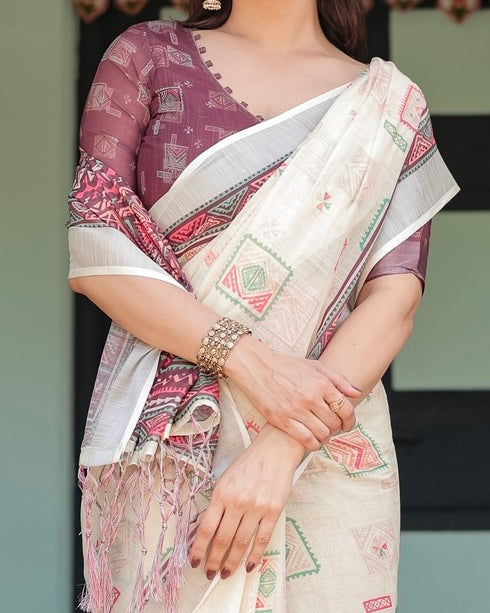 Off White Pure Linen Cotton Saree with Maroon Border