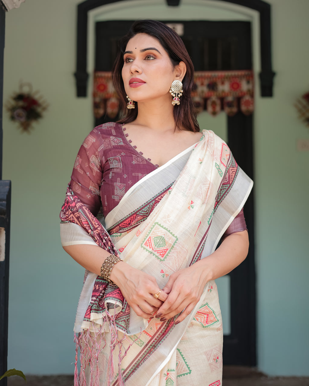 Off White Pure Linen Cotton Saree with Maroon Border
