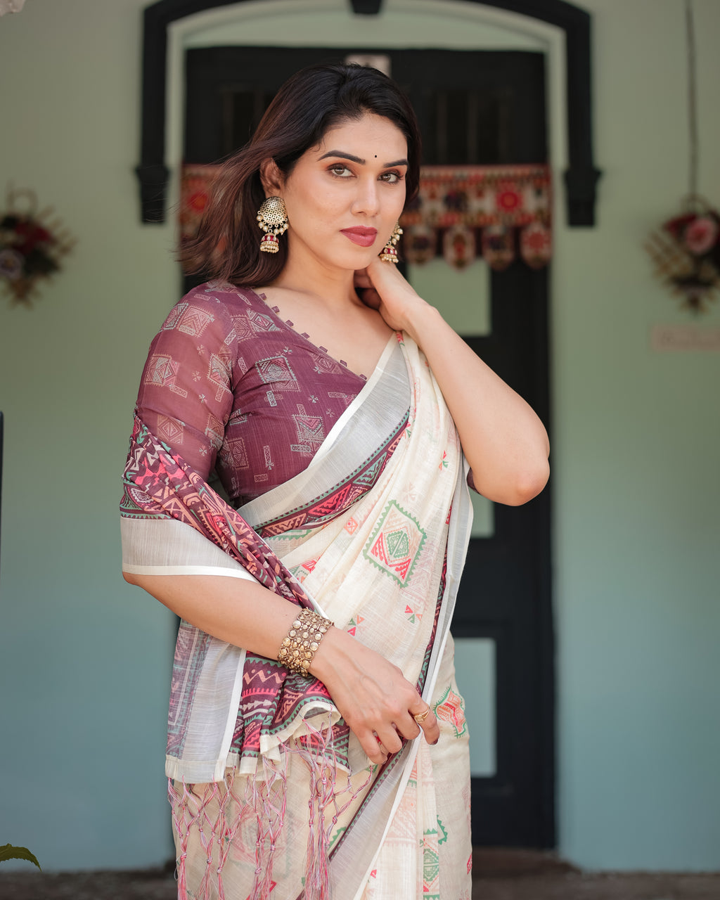 Off White Pure Linen Cotton Saree with Maroon Border