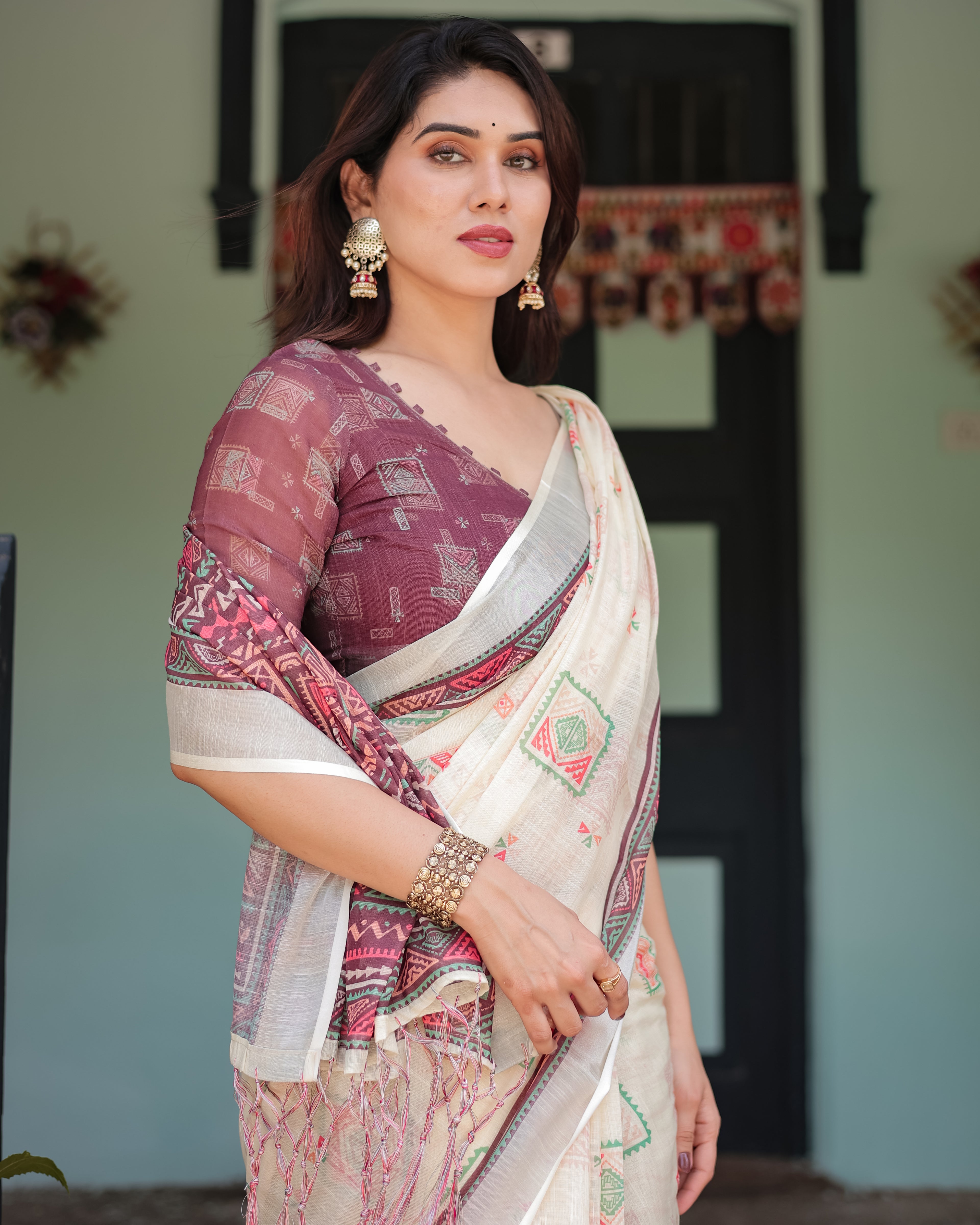 Off White Pure Linen Cotton Saree with Maroon Border
