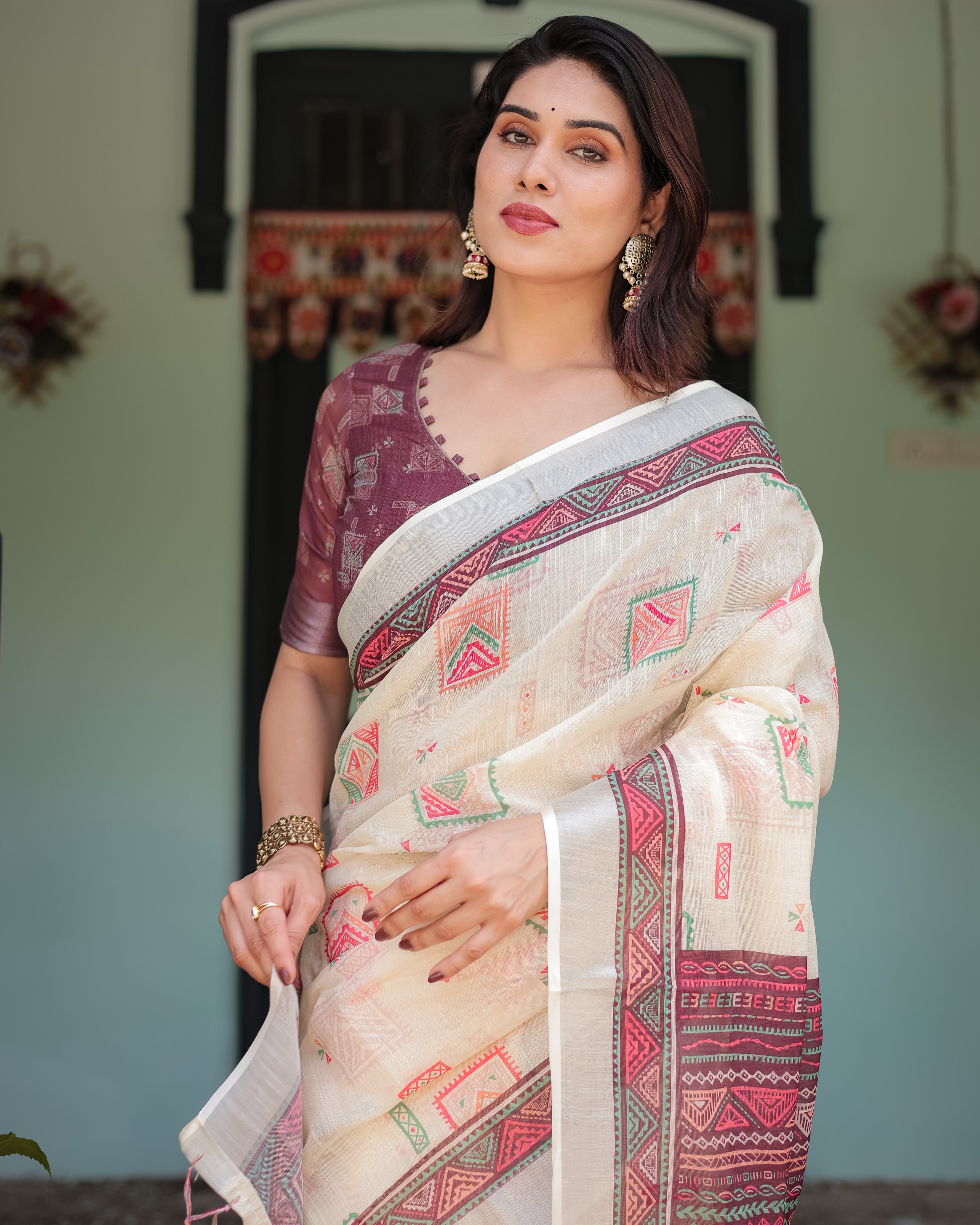 Off White Pure Linen Cotton Saree with Maroon Border