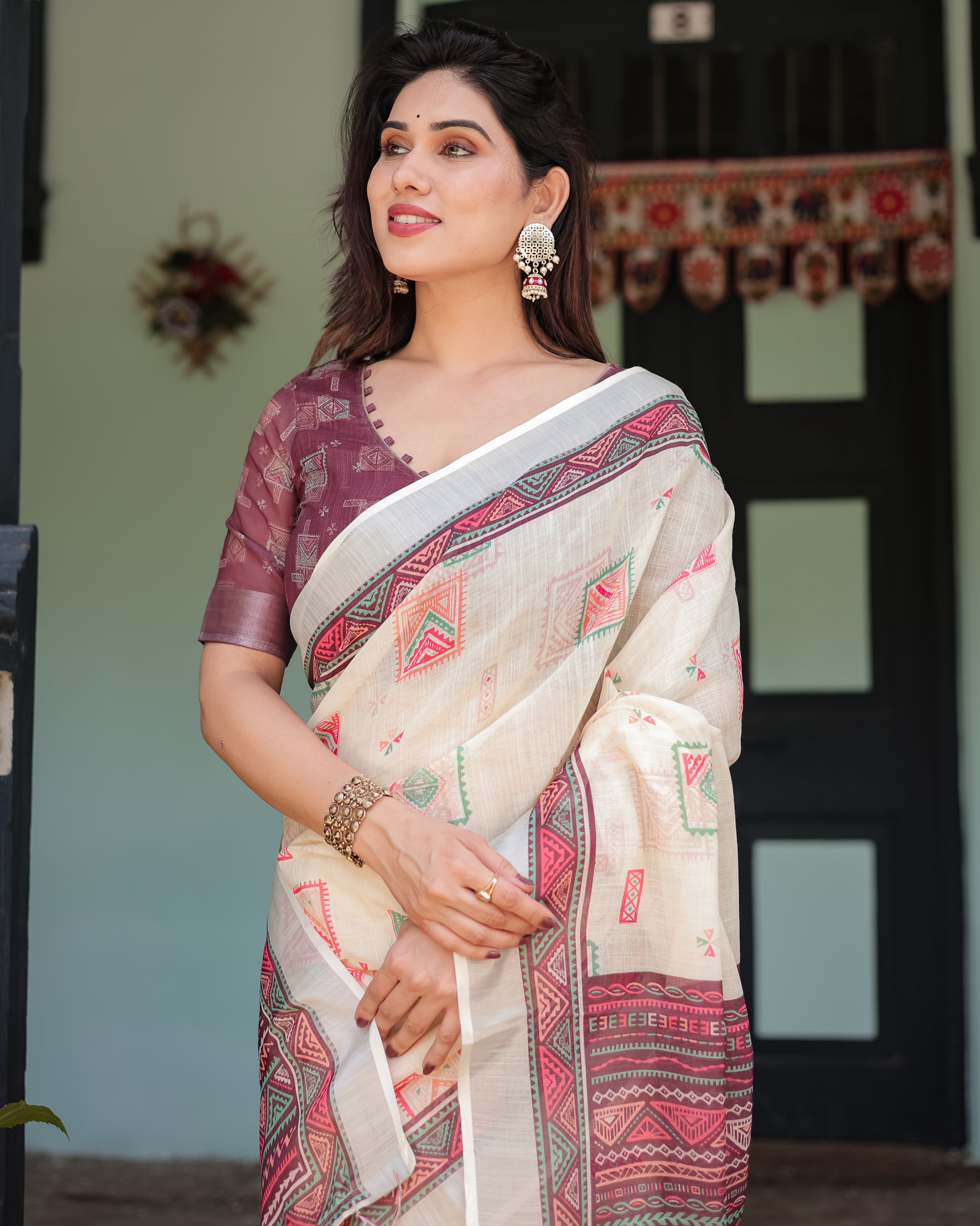 Off White Pure Linen Cotton Saree with Maroon Border