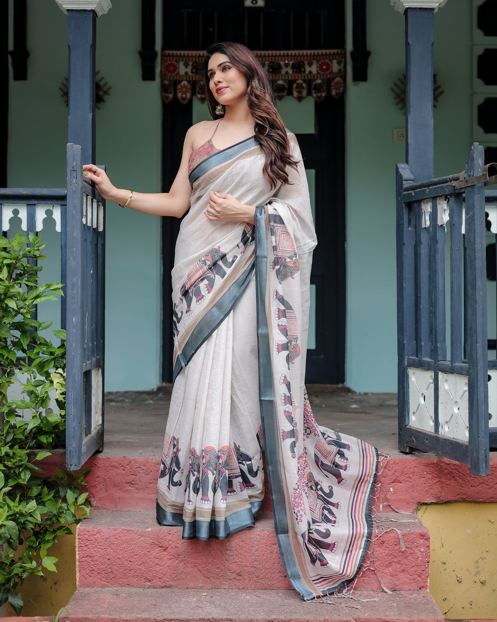 Ivory Pure Cotton Linen Saree with Elephant Print Border