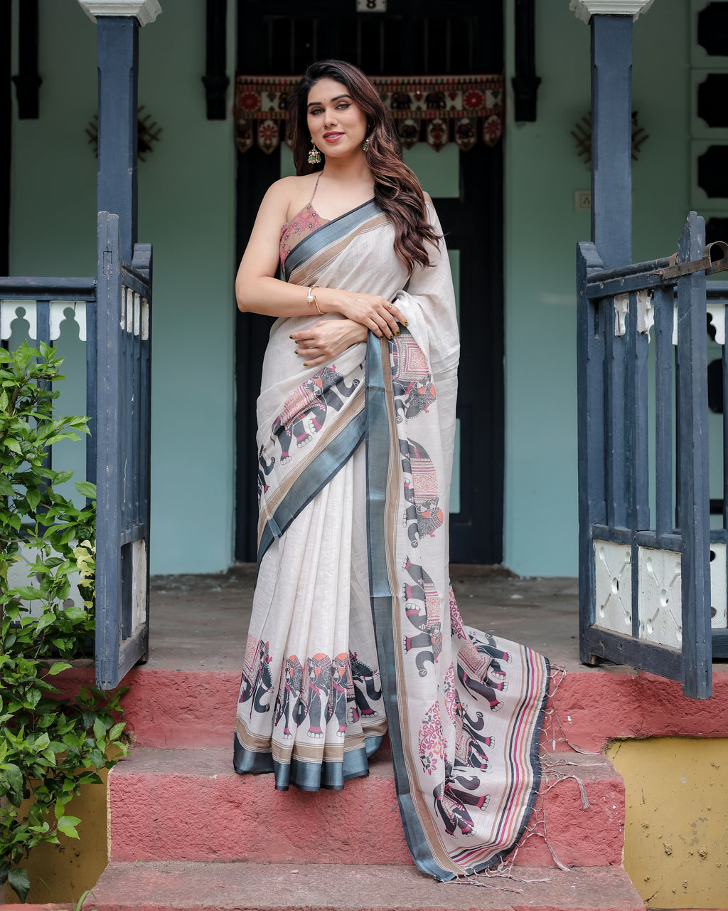 Ivory Pure Cotton Linen Saree with Elephant Print Border