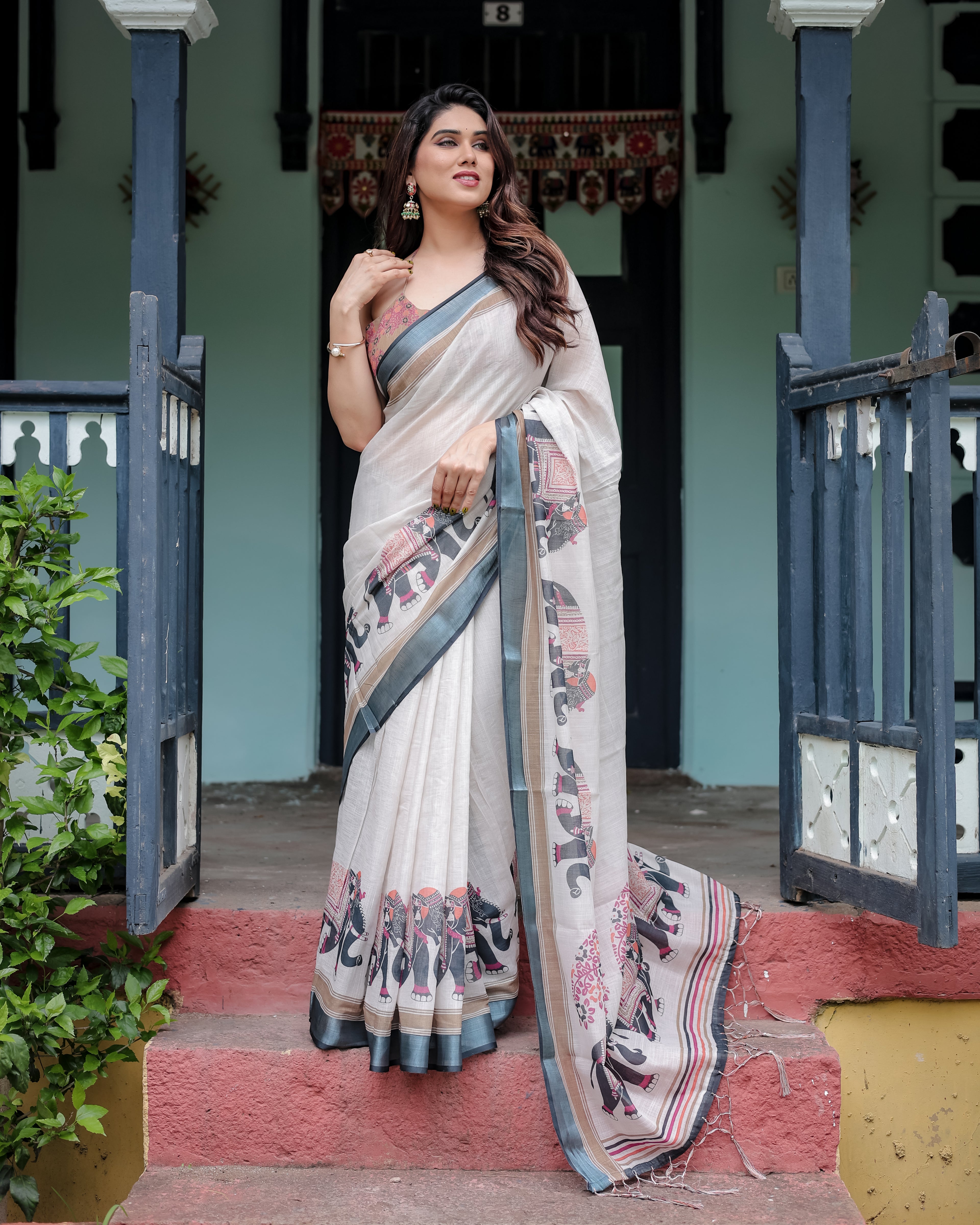 Ivory Pure Cotton Linen Saree with Elephant Print Border