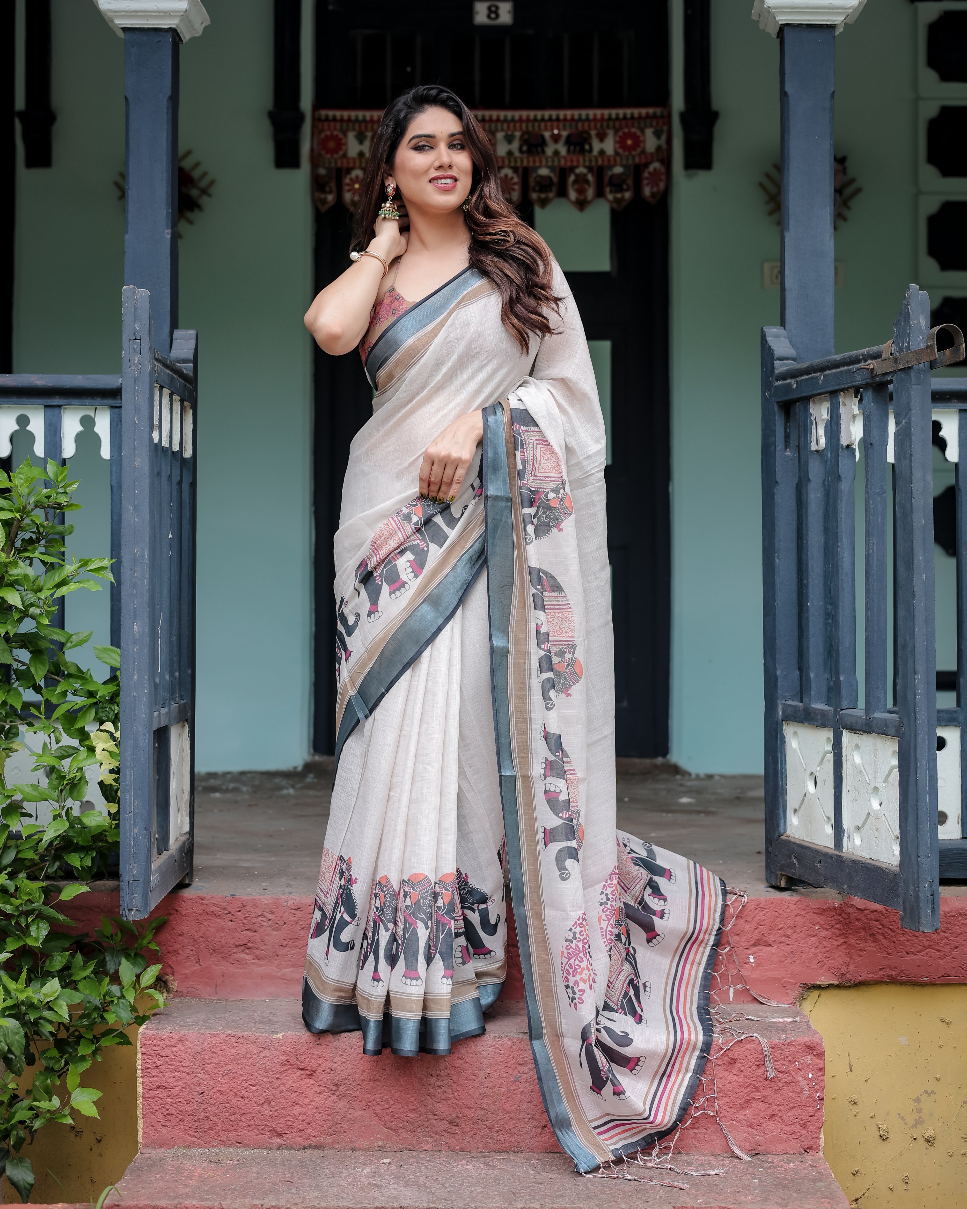 Ivory Pure Cotton Linen Saree with Elephant Print Border