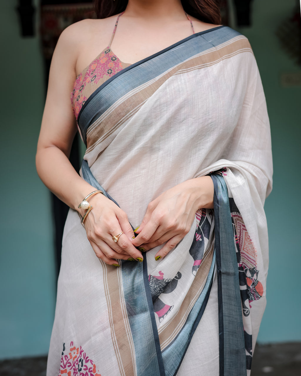 Ivory Pure Cotton Linen Saree with Elephant Print Border