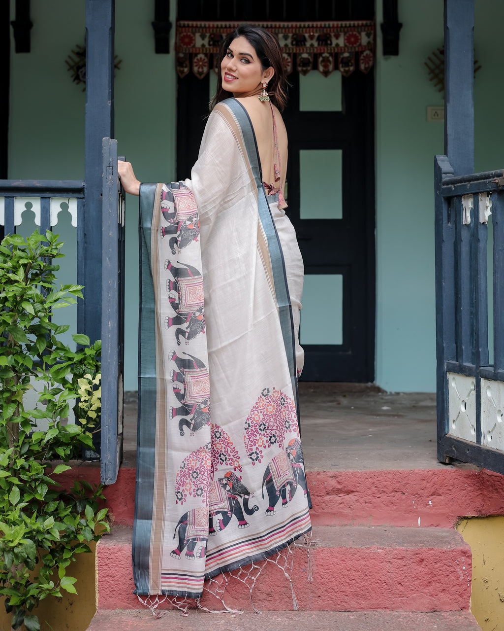 Ivory Pure Cotton Linen Saree with Elephant Print Border