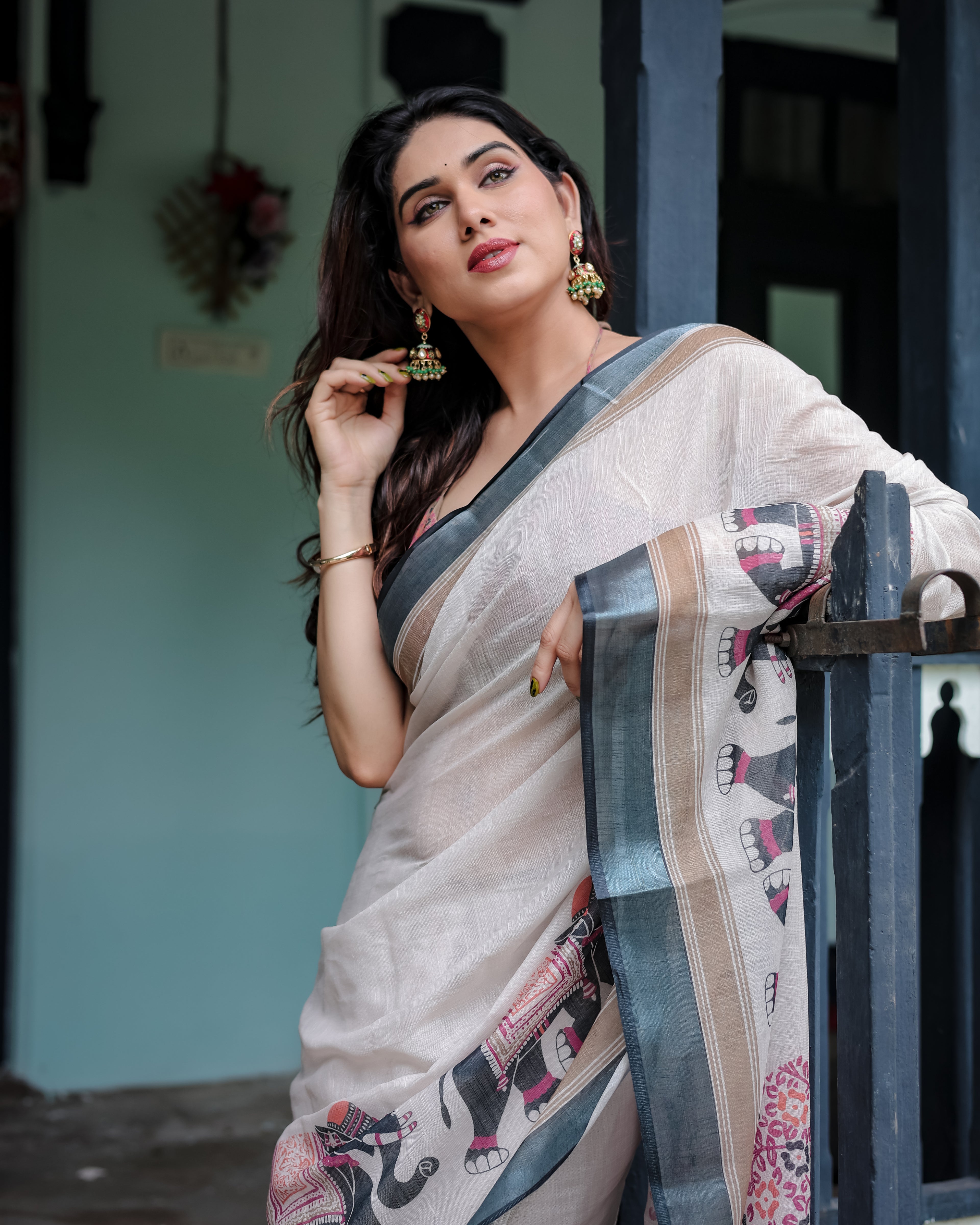 Ivory Pure Cotton Linen Saree with Elephant Print Border